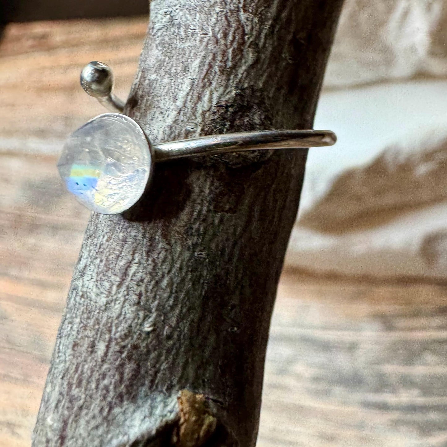 Sterling Silver Rainbow Moonstone Ring, Open Adjustable Ring, Ball End Accent, Gemstone Gift, Unique Gift