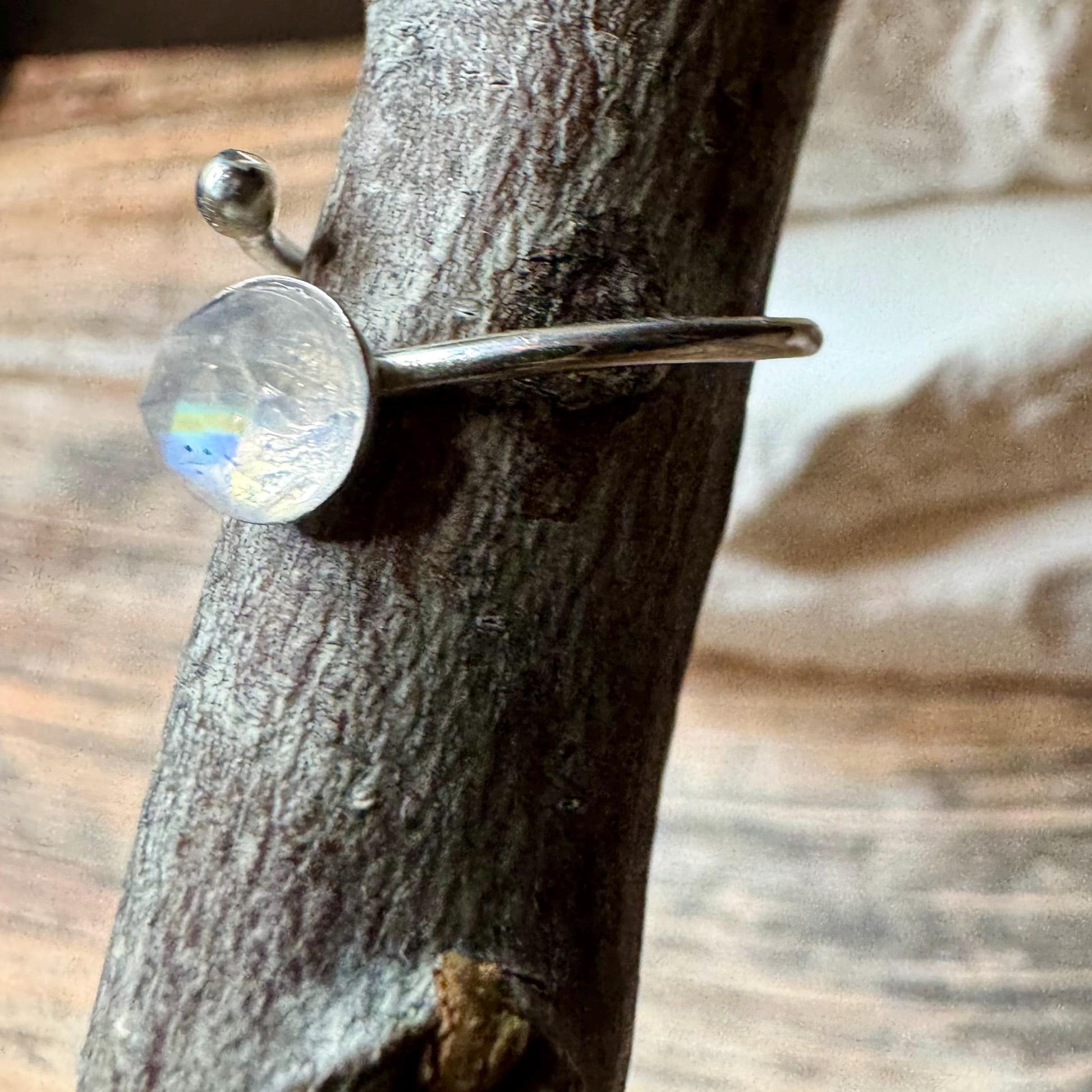 Sterling Silver Rainbow Moonstone Ring, Open Adjustable Ring, Ball End Accent, Gemstone Gift, Unique Gift