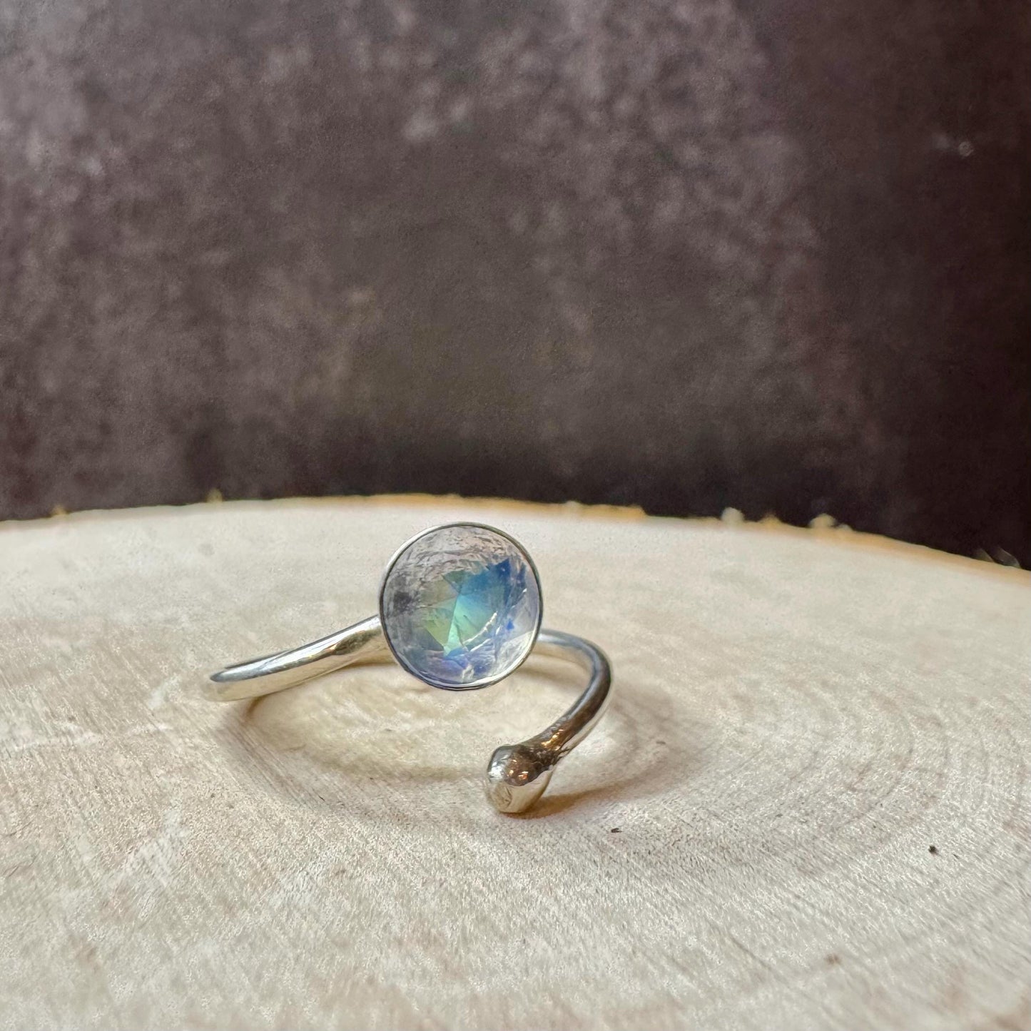 Sterling Silver Rainbow Moonstone Ring, Open Adjustable Ring, Ball End Accent, Gemstone Gift, Unique Gift