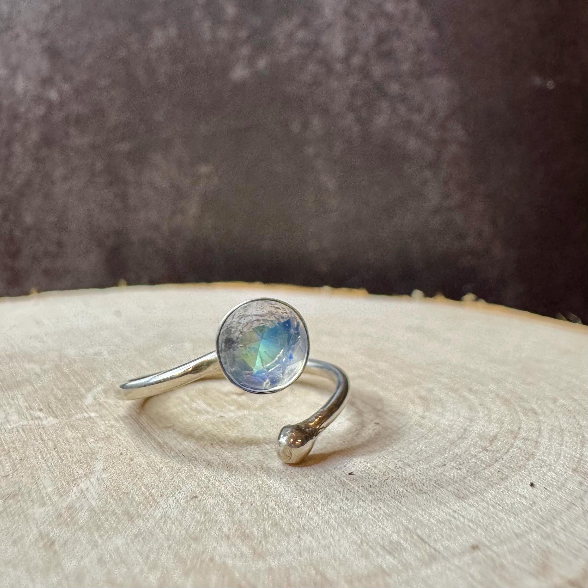 Sterling Silver Rainbow Moonstone Ring, Open Adjustable Ring, Ball End Accent, Gemstone Gift, Unique Gift