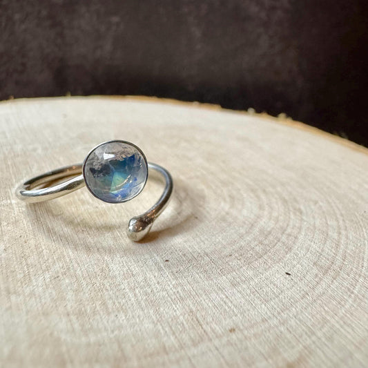 Sterling Silver Rainbow Moonstone Ring, Open Adjustable Ring, Ball End Accent, Gemstone Gift, Unique Gift
