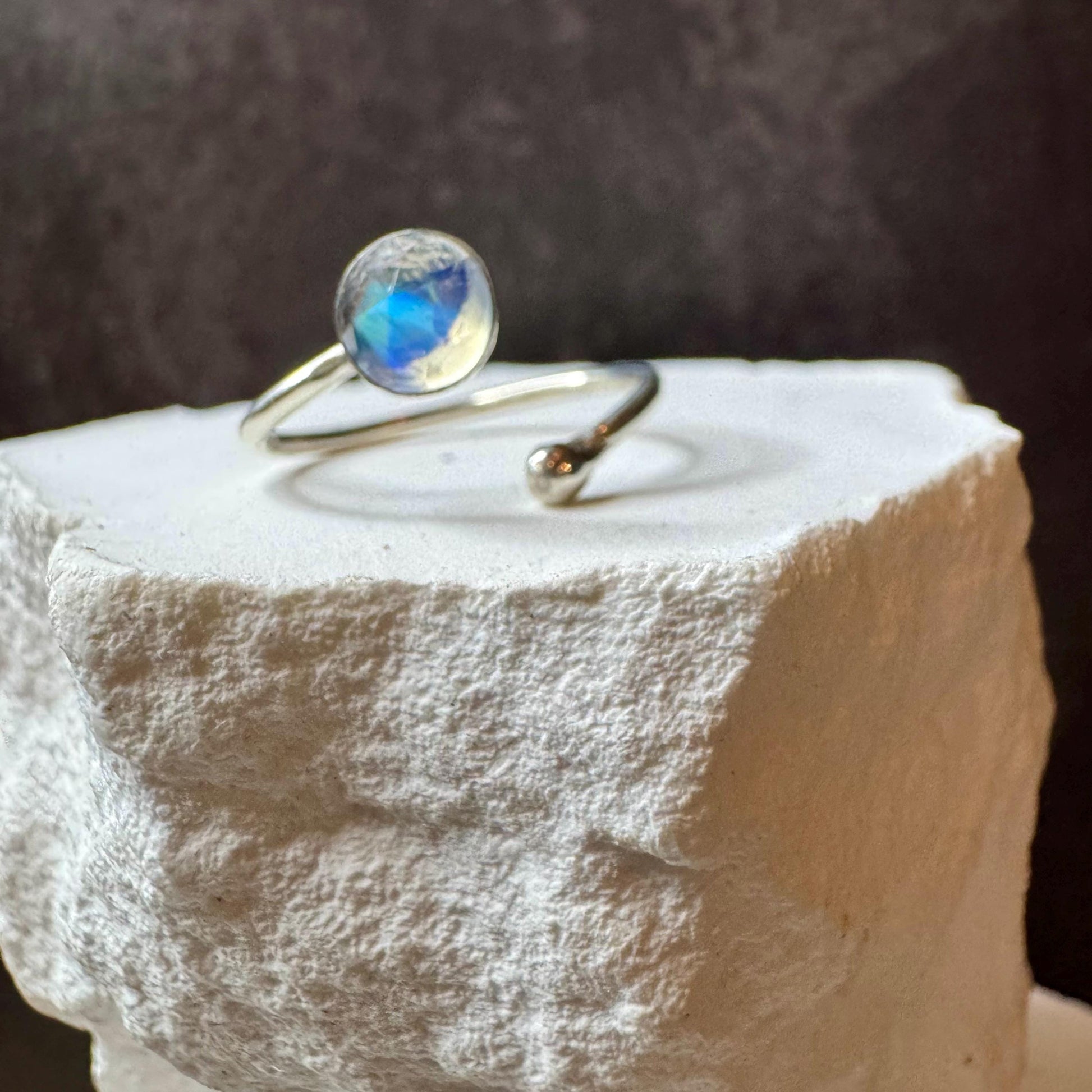 Sterling Silver Rainbow Moonstone Ring, Open Adjustable Ring, Ball End Accent, Gemstone Gift, Unique Gift