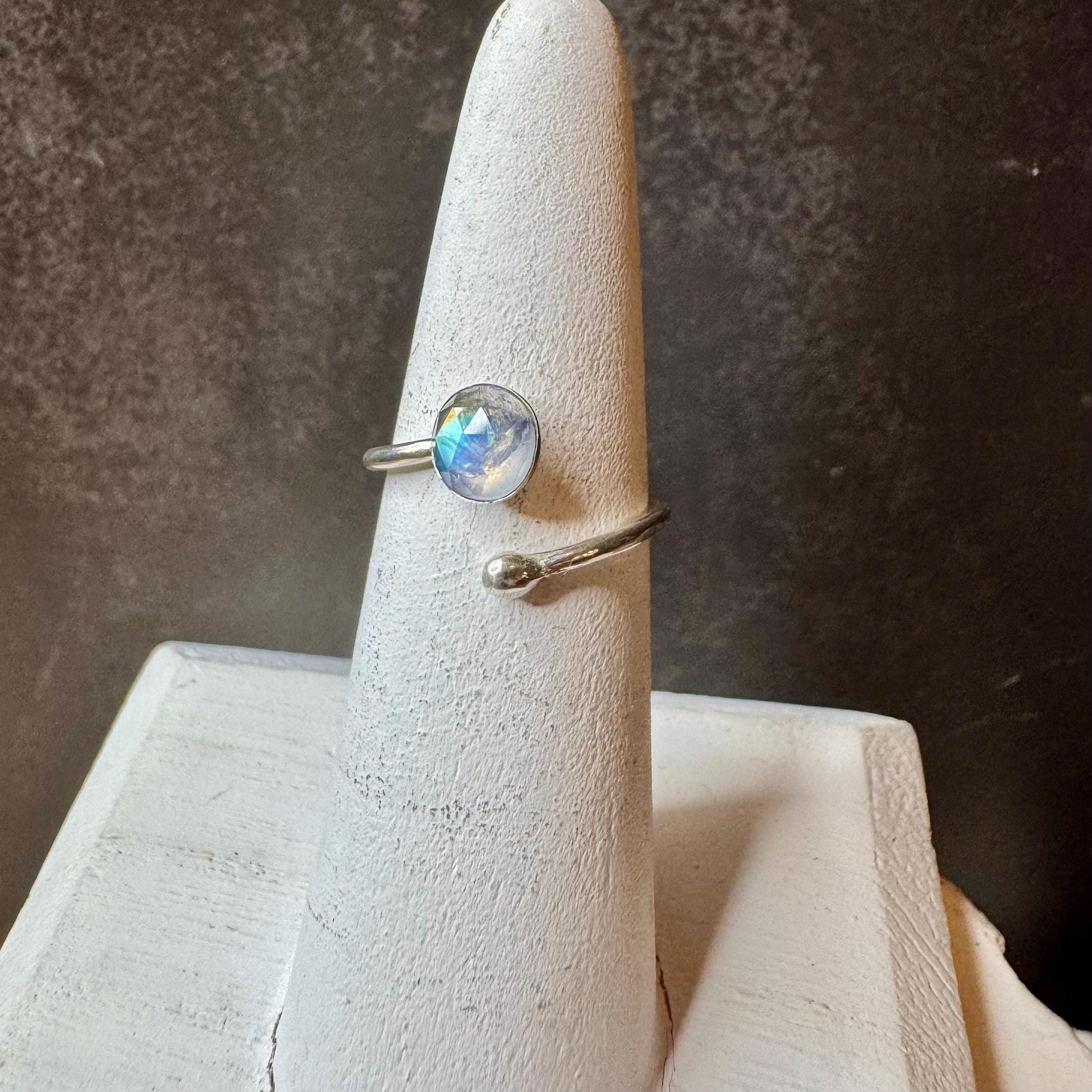 Sterling Silver Rainbow Moonstone Ring, Open Adjustable Ring, Ball End Accent, Gemstone Gift, Unique Gift