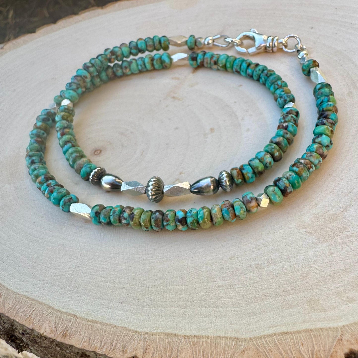 Turquoise Navajo Pearl Double Wrap Bracelet, Sterling Silver Bracelet, Southwest Jewelry, Western Jewelry, Layered Bracelet