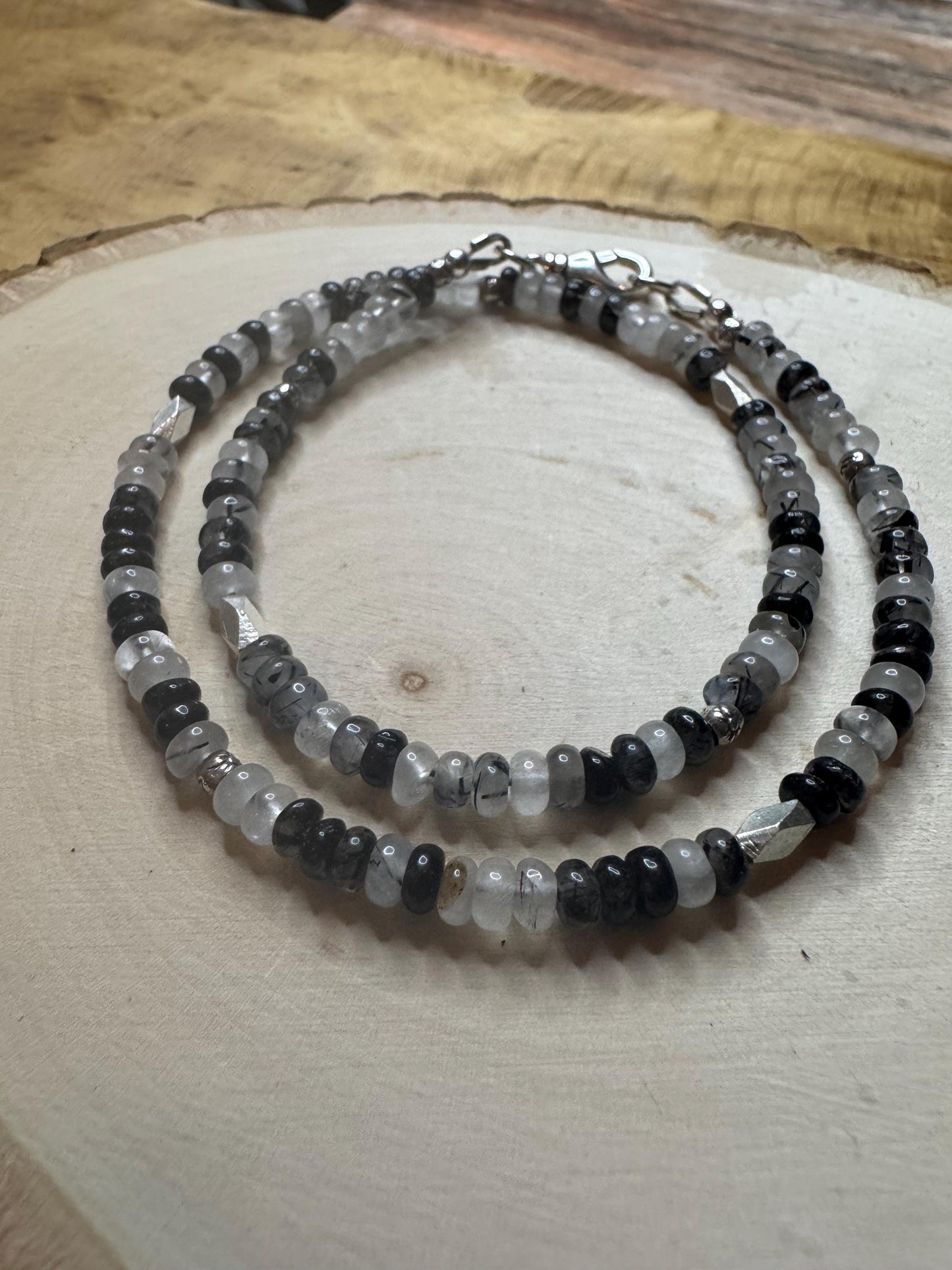 Black Tourmaline Rutilated Quartz Double Wrap Bracelet, Unique Sterling Silver Gemstone Bracelet, Tourmaline Bracelet, Gift Idea