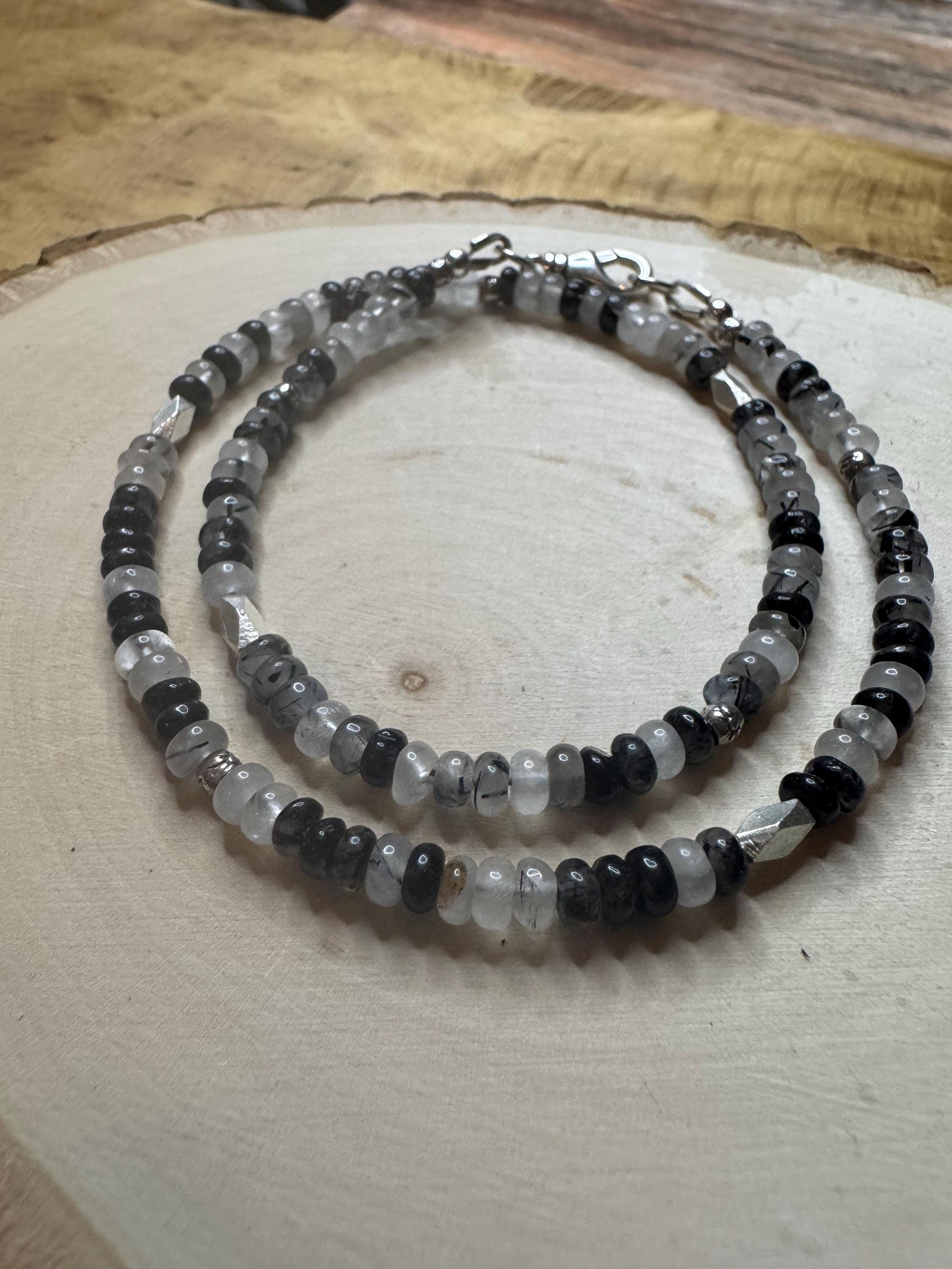 Black Tourmaline Rutilated Quartz Double Wrap Bracelet, Unique Sterling Silver Gemstone Bracelet, Tourmaline Bracelet, Gift Idea