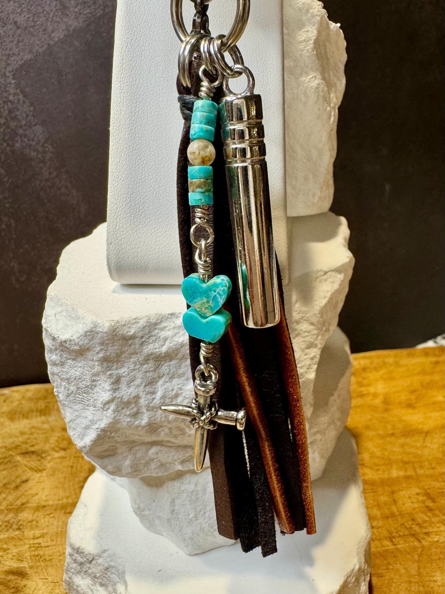 Leather Purse Tassel with Turquoise and Cross, Beaded Handbag Tassel, Gemstone Accessory, Unique Purse Charm, Leather Handbag Charm