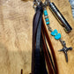 Leather Purse Tassel with Turquoise and Cross, Beaded Handbag Tassel, Gemstone Accessory, Unique Purse Charm, Leather Handbag Charm