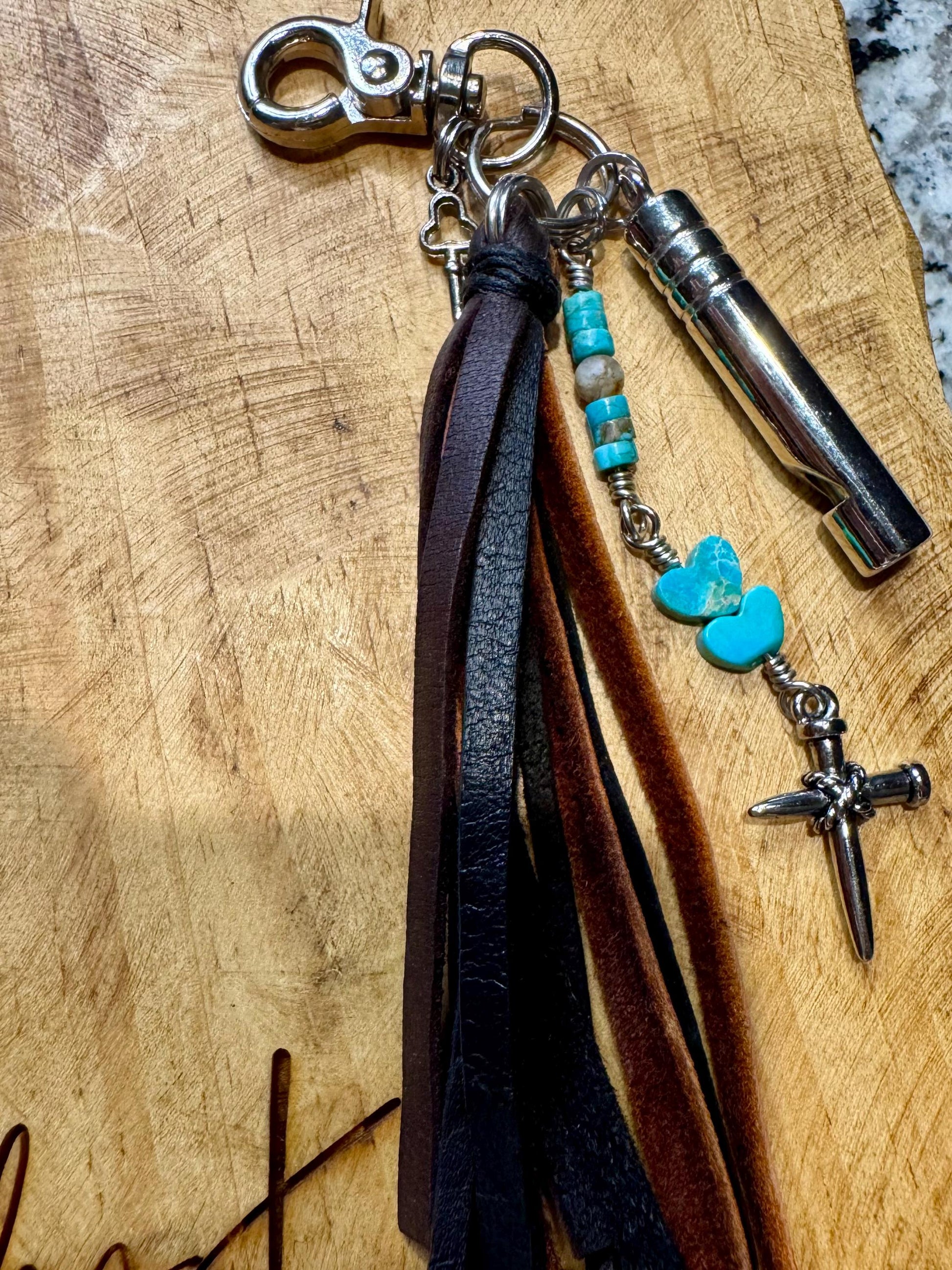 Leather Purse Tassel with Turquoise and Cross, Beaded Handbag Tassel, Gemstone Accessory, Unique Purse Charm, Leather Handbag Charm