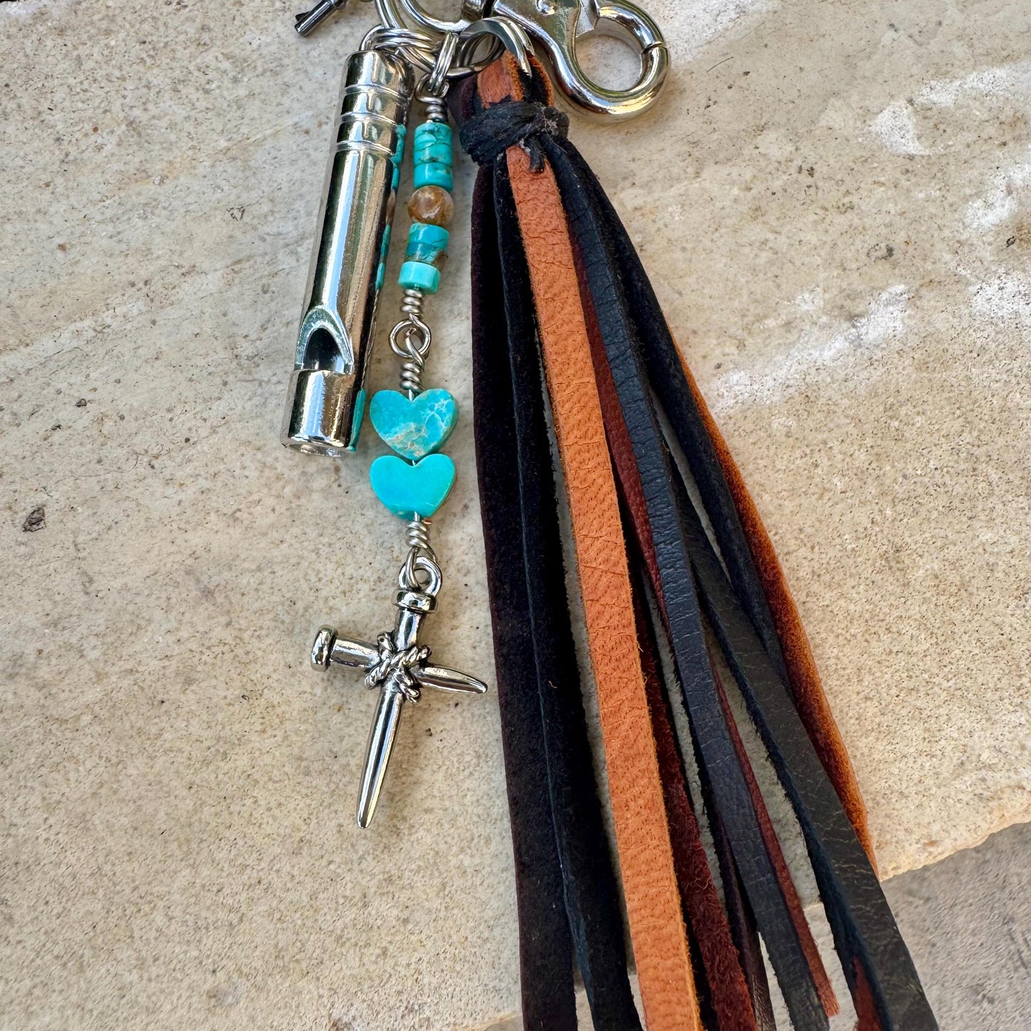 Leather Purse Tassel with Turquoise and Cross, Beaded Handbag Tassel, Gemstone Accessory, Unique Purse Charm, Leather Handbag Charm