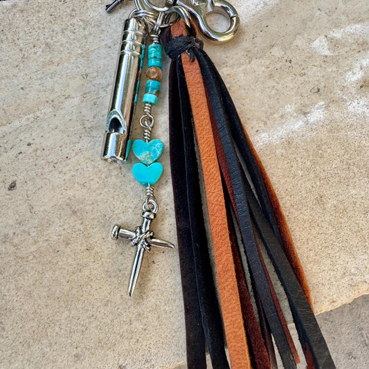 Leather Purse Tassel with Turquoise and Cross, Beaded Handbag Tassel, Gemstone Accessory, Unique Purse Charm, Leather Handbag Charm