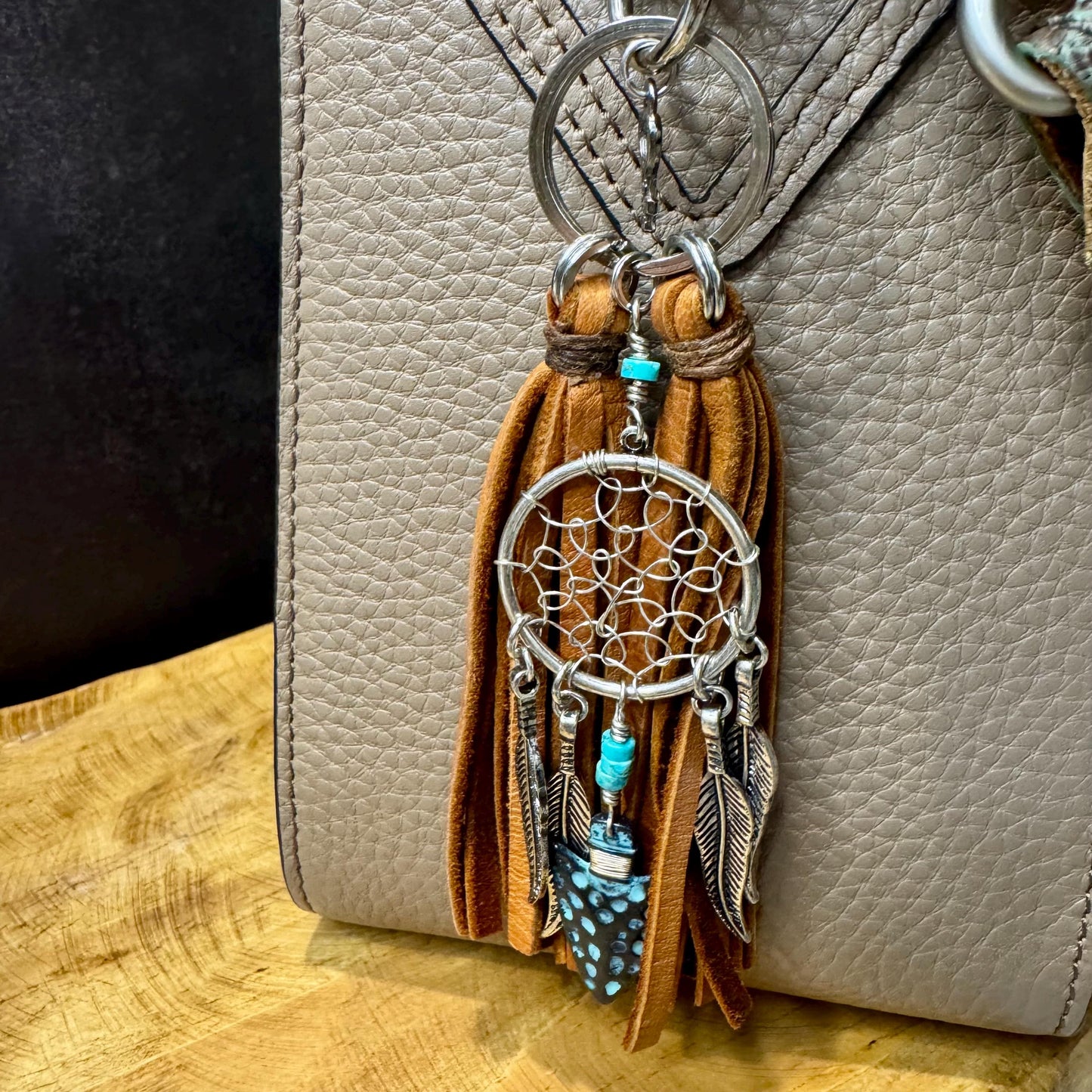 Turquoise and Leather Purse Tassel, Dream Catcher, Feather and Arrow Charm, Beaded Handbag Tassel, Western Accessory, Leather Handbag Charm