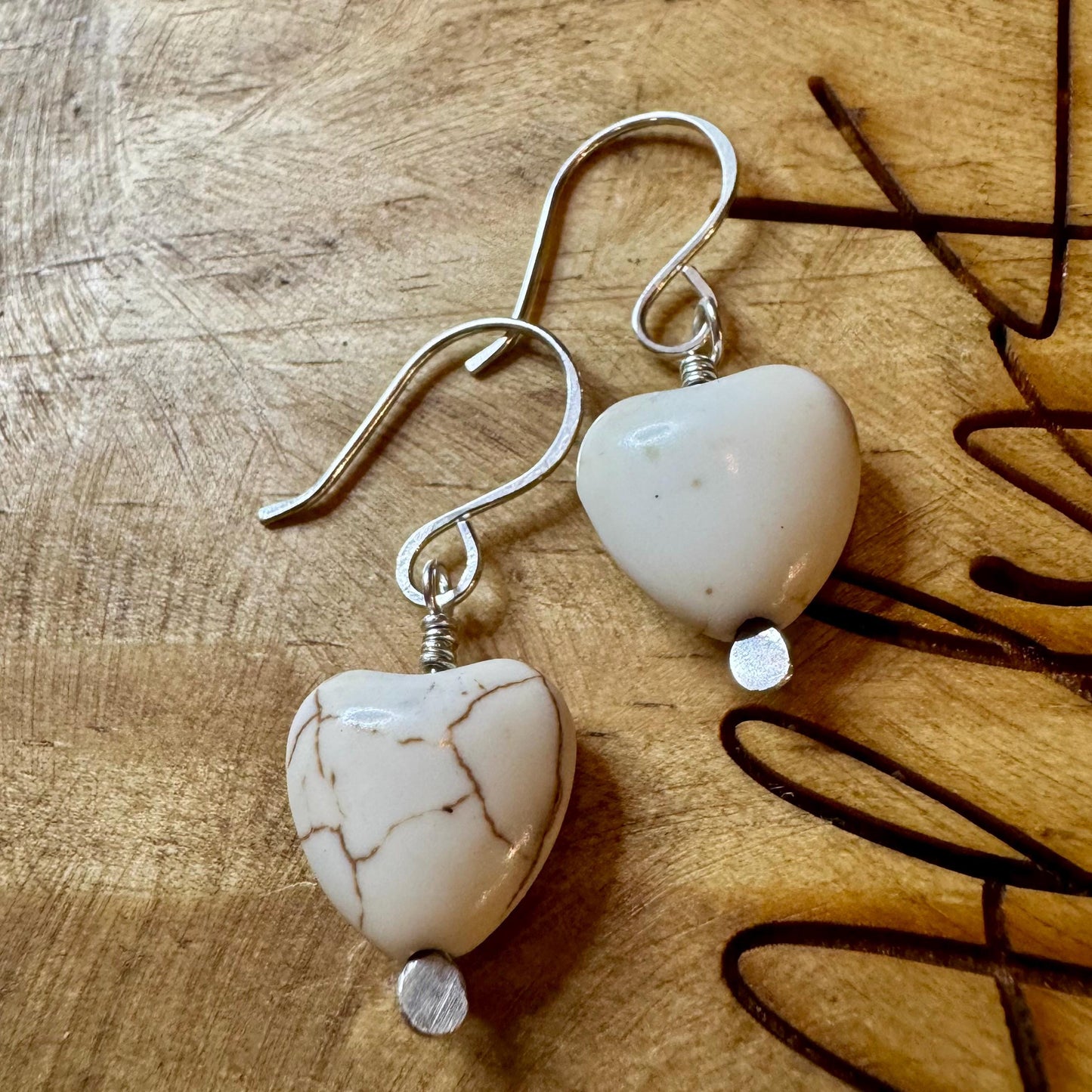 White Turquoise Howlite Heart Earrings, Gemstone Earrings, Turquoise Earrings, Sterling Silver Earrings, White Turquoise Gift