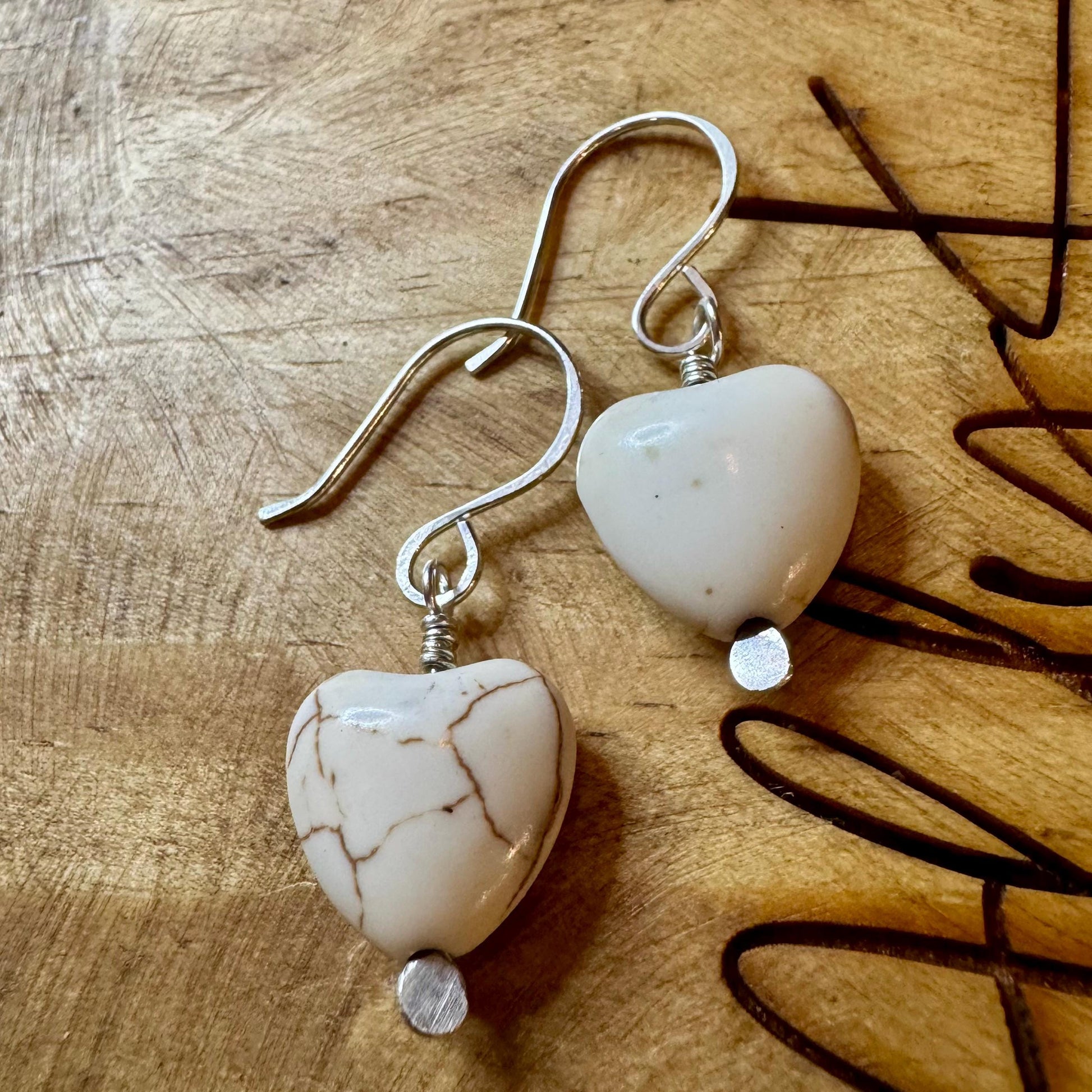 White Turquoise Howlite Heart Earrings, Gemstone Earrings, Turquoise Earrings, Sterling Silver Earrings, White Turquoise Gift