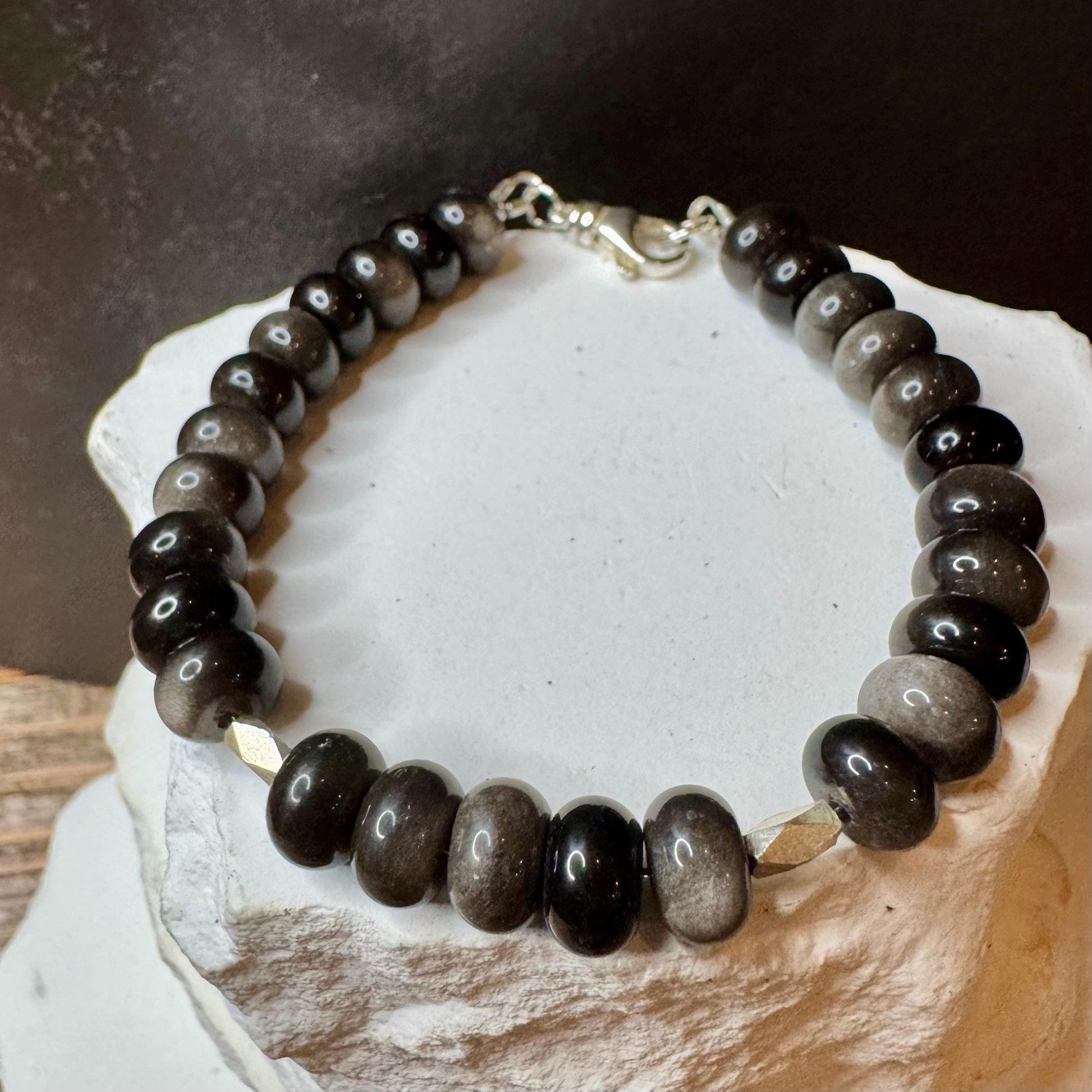 Sterling Silver Obsidian Bracelet, Sterling Silver Beaded Bracelet, Sterling Silver Obsidian Bracelet