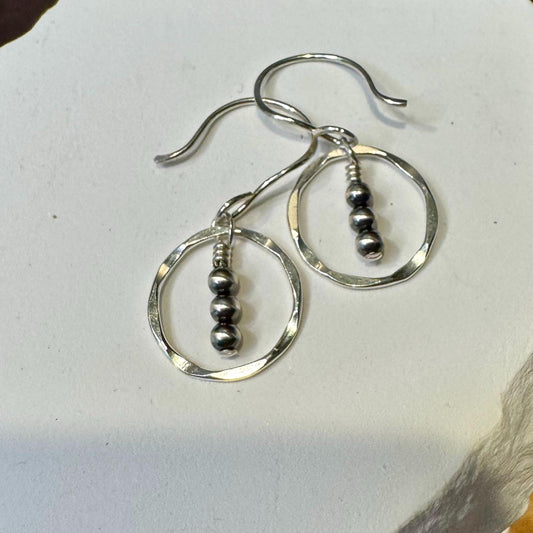 Navajo Pearl Drop Earrings, Sterling Silver Dangle, Circle Earrings, Silver Jewelry, Handmade Earrings, Dainty Earrings