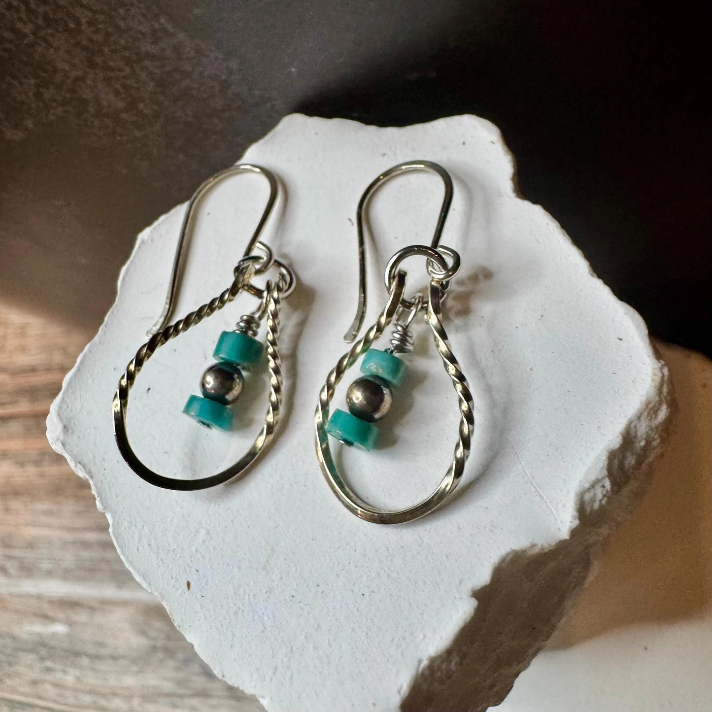 Handcrafted Turquoise Teardrop Earrings with Navajo Pearls, Sterling Silver