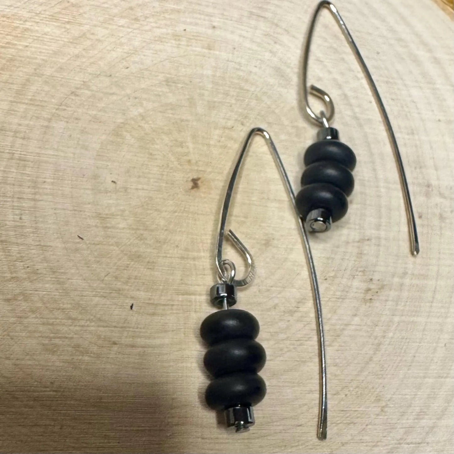 Black Onyx Hematite V-Shaped Drop Sterling Silver Earrings