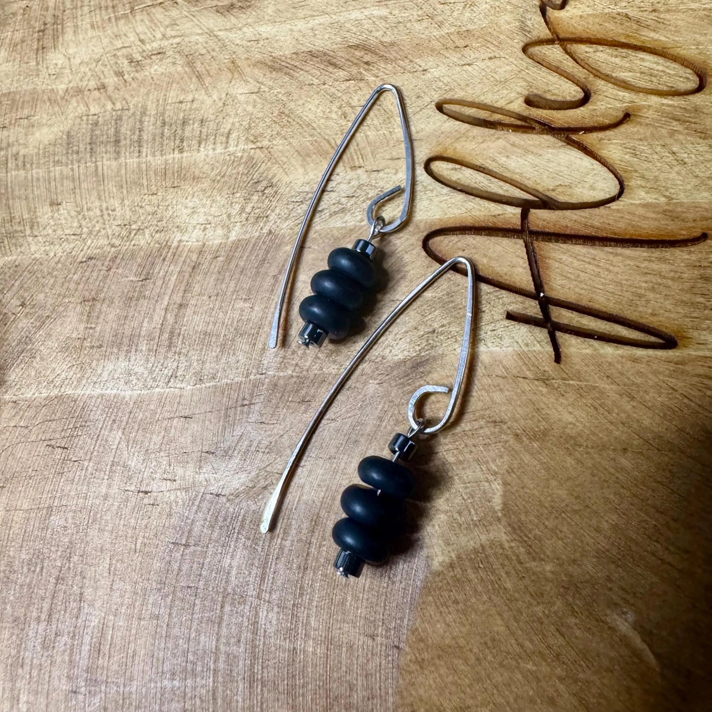 Black Onyx Hematite V-Shaped Drop Sterling Silver Earrings