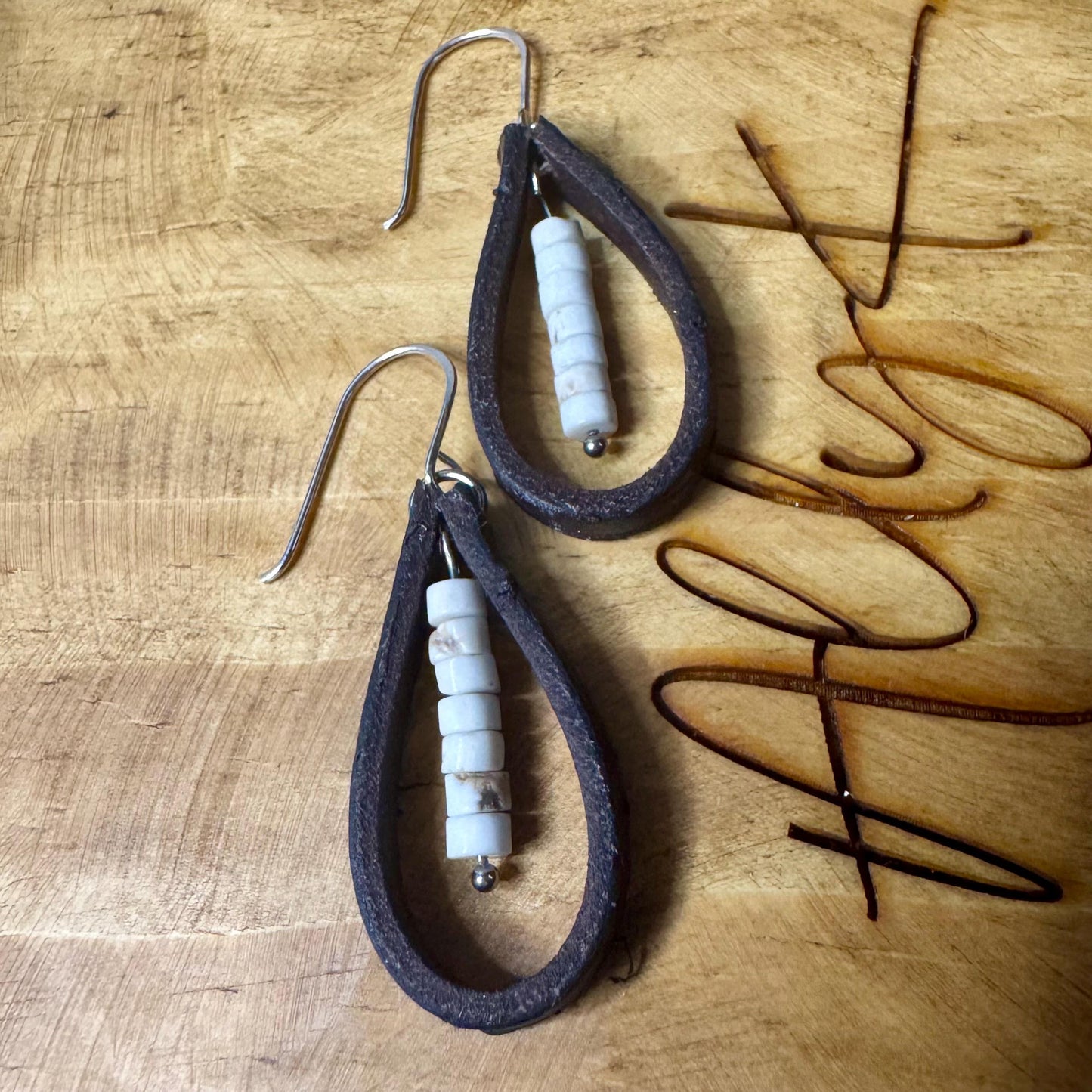 White Turquoise Leather Earrings, Genuine Earring Teardrop Style Wrap, Dangle Earrings, Boho Style, Handmade Gift