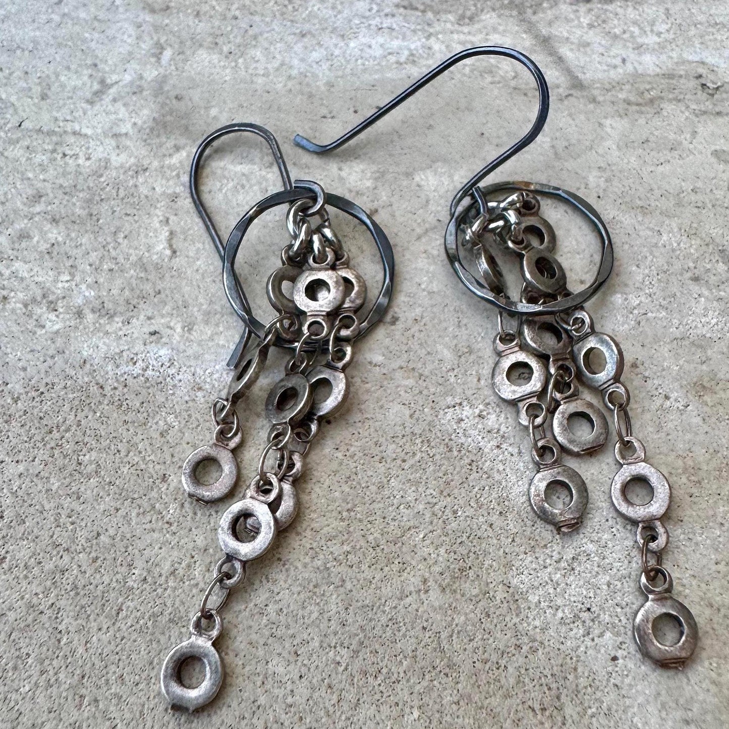 Sterling Silver Hammered Circle Earrings • Triple Chain Dangle • Modern Drop Earrings