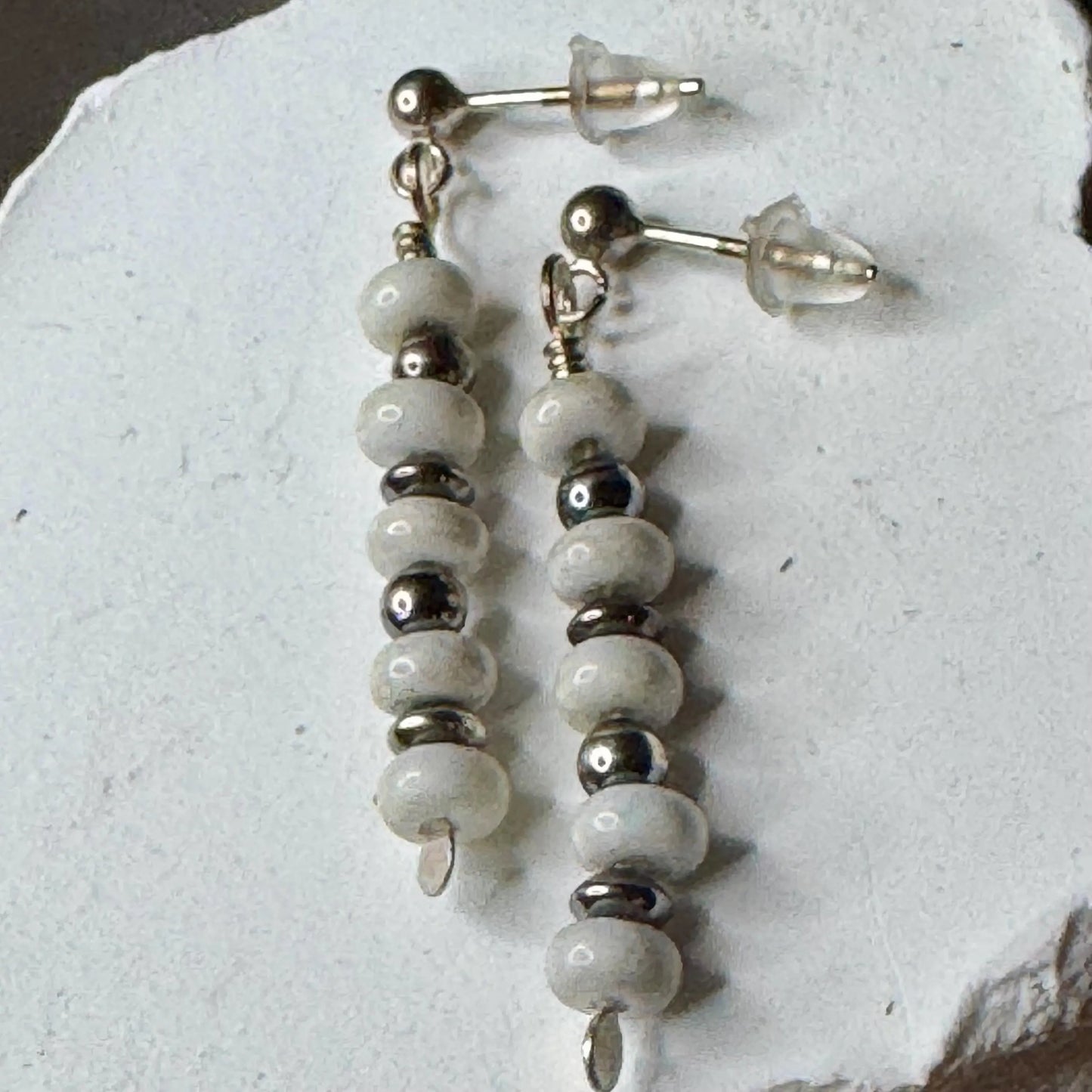 Navajo Pearls Earrings with White Turquoise, Dangle Sterling Silver Post Gemstone Earrings