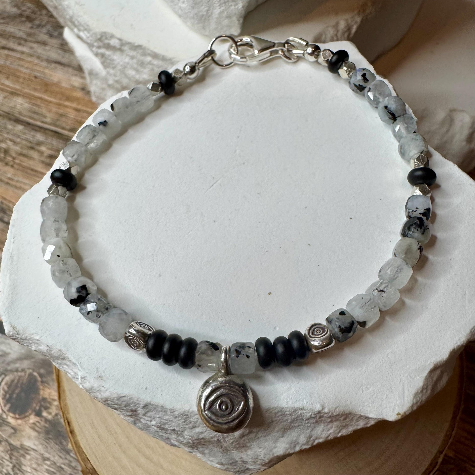Rainbow Moonstone with Black Tourmaline and Onyx Evil Eye Anklet, Sterling Silver Beaded Gemstone Ankle Bracelet, Evil Eye Charm Anklet