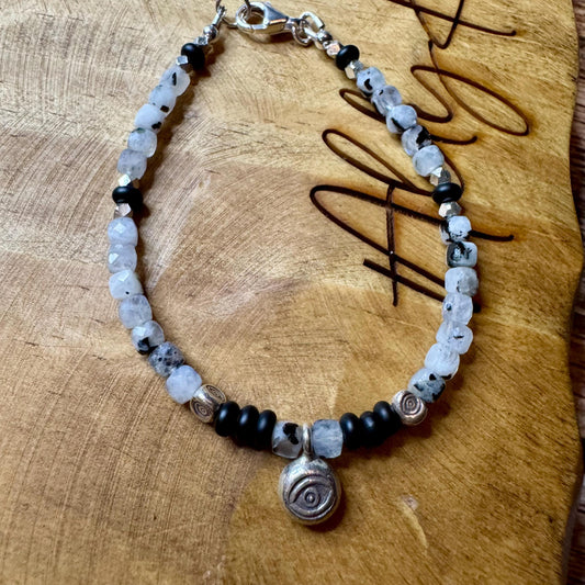 Rainbow Moonstone with Black Tourmaline and Onyx Evil Eye bracelet, Sterling Silver Beaded Gemstone Bracelet, Evil Eye Beaded Charm Bracelet