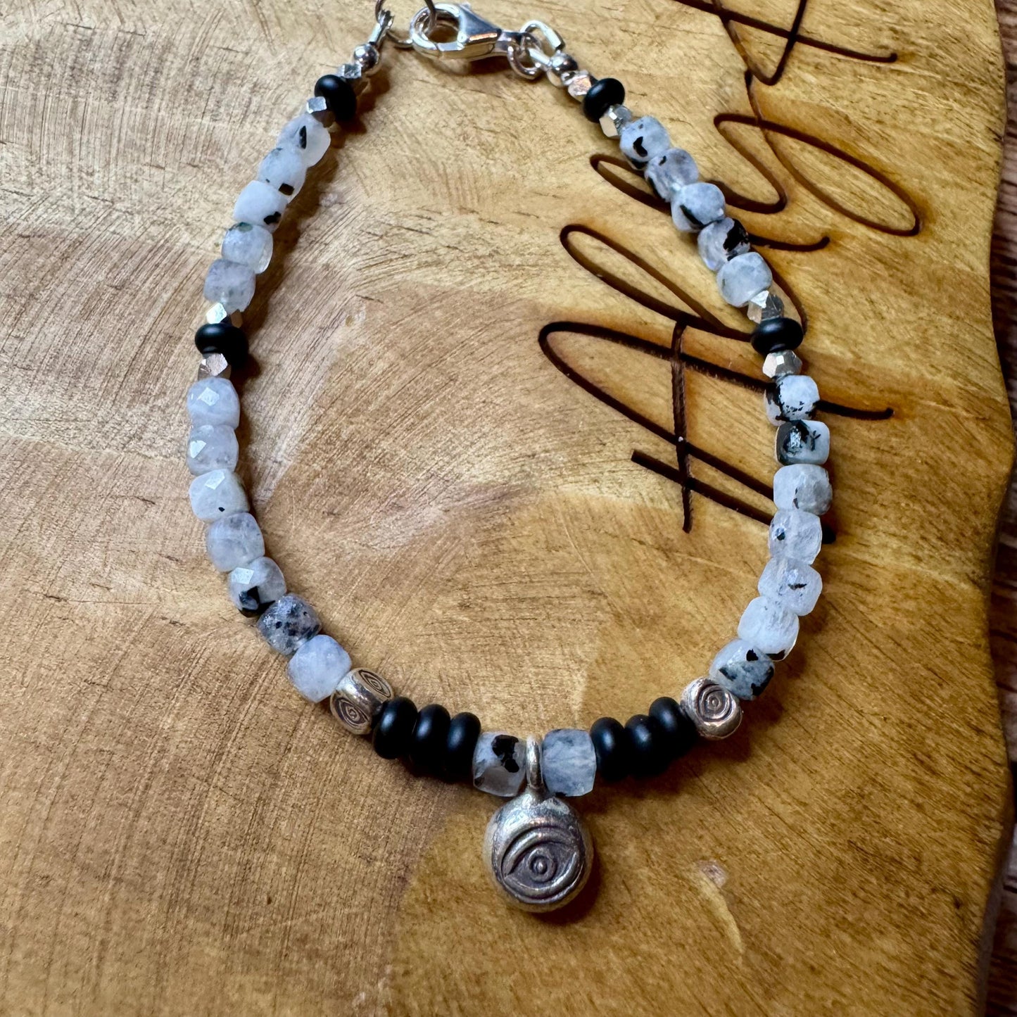 Rainbow Moonstone with Black Tourmaline and Onyx Evil Eye Anklet, Sterling Silver Beaded Gemstone Ankle Bracelet, Evil Eye Charm Anklet