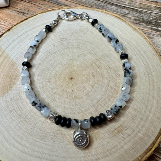 Rainbow Moonstone with Black Tourmaline and Onyx Evil Eye Anklet, Sterling Silver Beaded Gemstone Ankle Bracelet, Evil Eye Charm Anklet