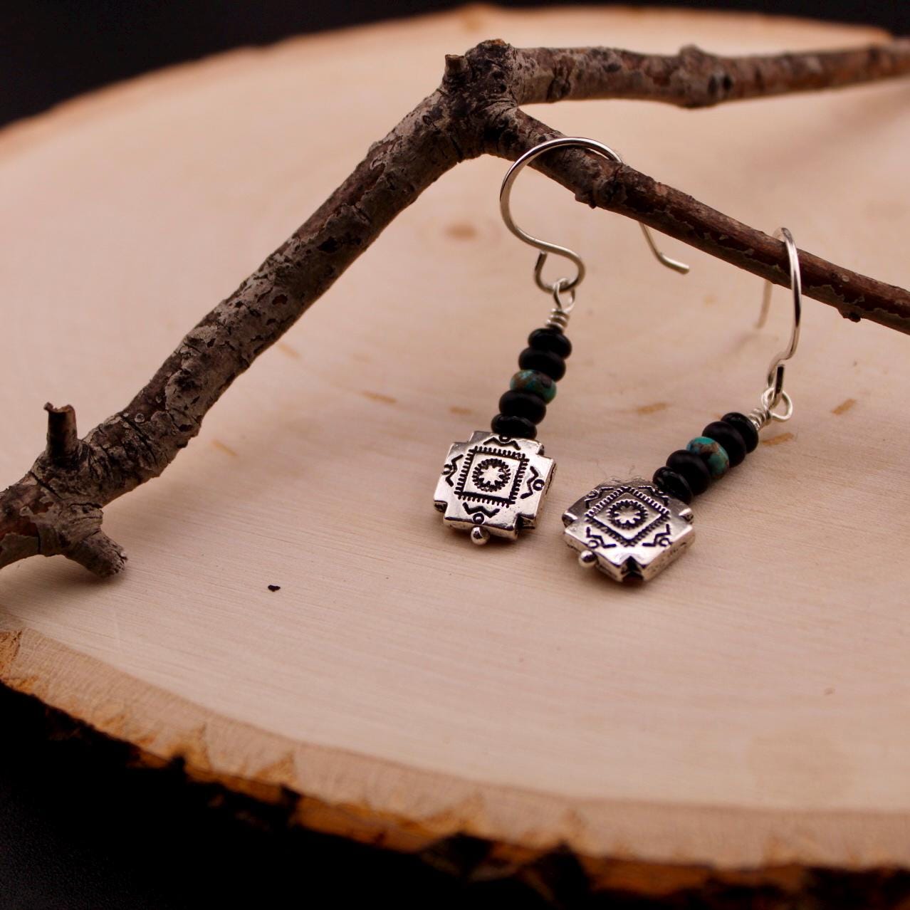 Southwestern Pendant Turquoise Earrings, Onyx Dangle Earrings, Turquoise Dangles, Boho Jewelry, Unique Earrings, Southwest Earrings
