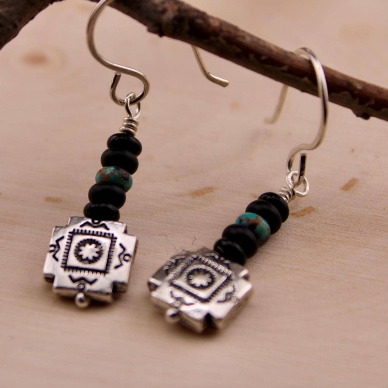 Southwestern Pendant Turquoise Earrings, Onyx Dangle Earrings, Turquoise Dangles, Boho Jewelry, Unique Earrings, Southwest Earrings