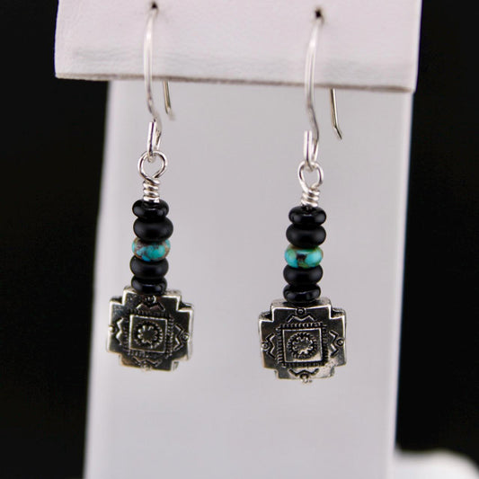 Southwestern Pendant Turquoise Earrings, Onyx Dangle Earrings, Turquoise Dangles, Boho Jewelry, Unique Earrings, Southwest Earrings