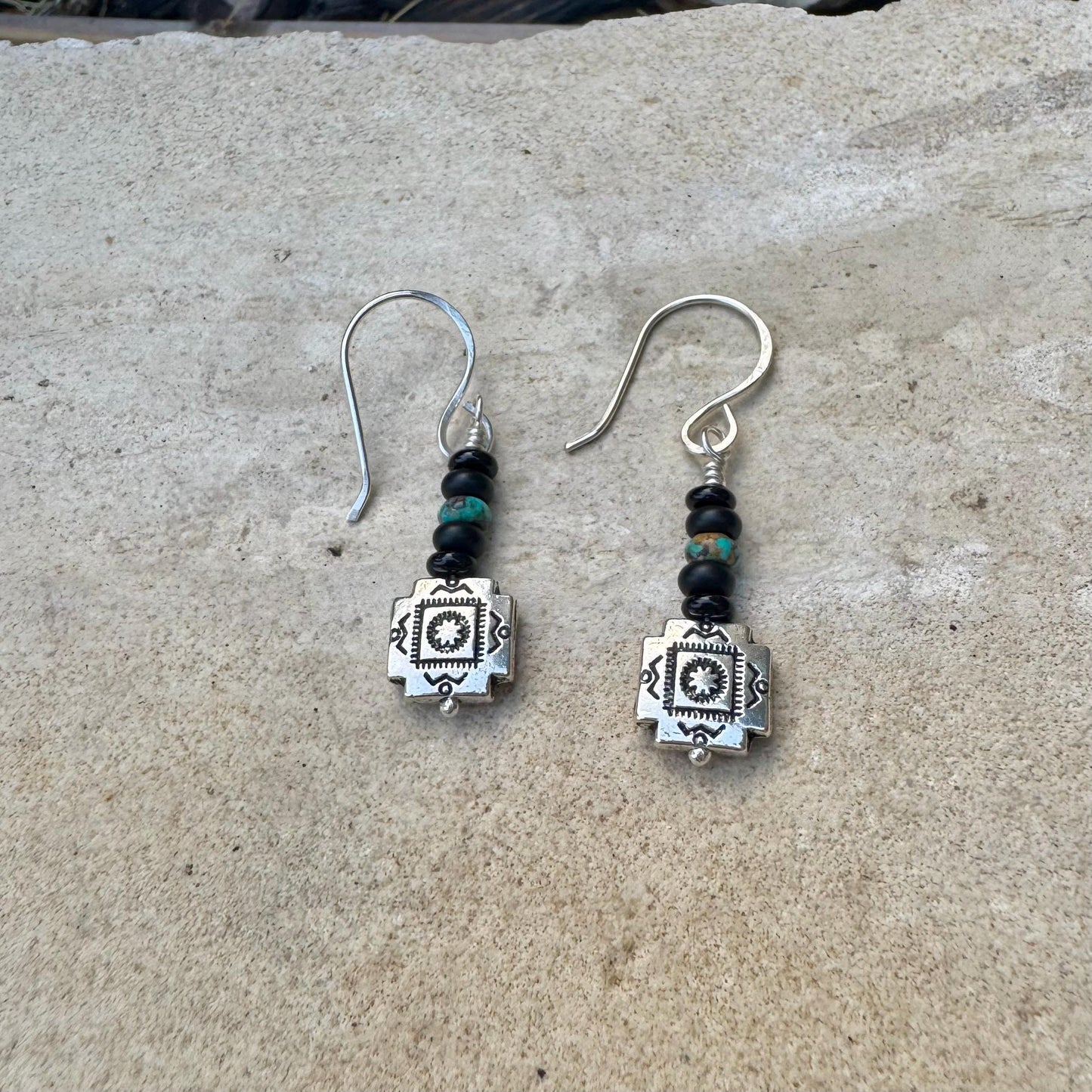 Southwestern Pendant Turquoise Earrings, Onyx Dangle Earrings, Turquoise Dangles, Boho Jewelry, Unique Earrings, Southwest Earrings