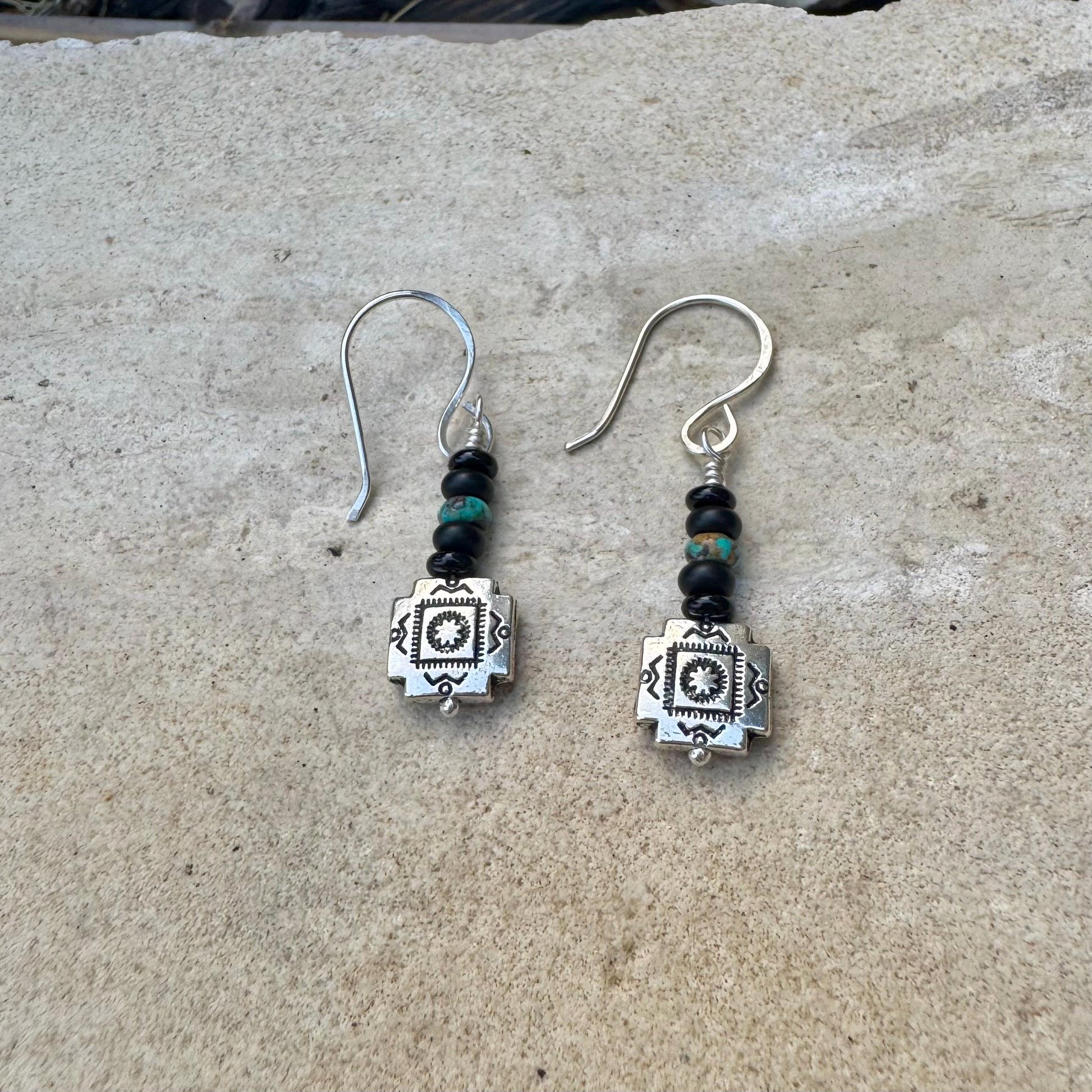 Southwestern Pendant Turquoise Earrings, Onyx Dangle Earrings, Turquoise Dangles, Boho Jewelry, Unique Earrings, Southwest Earrings