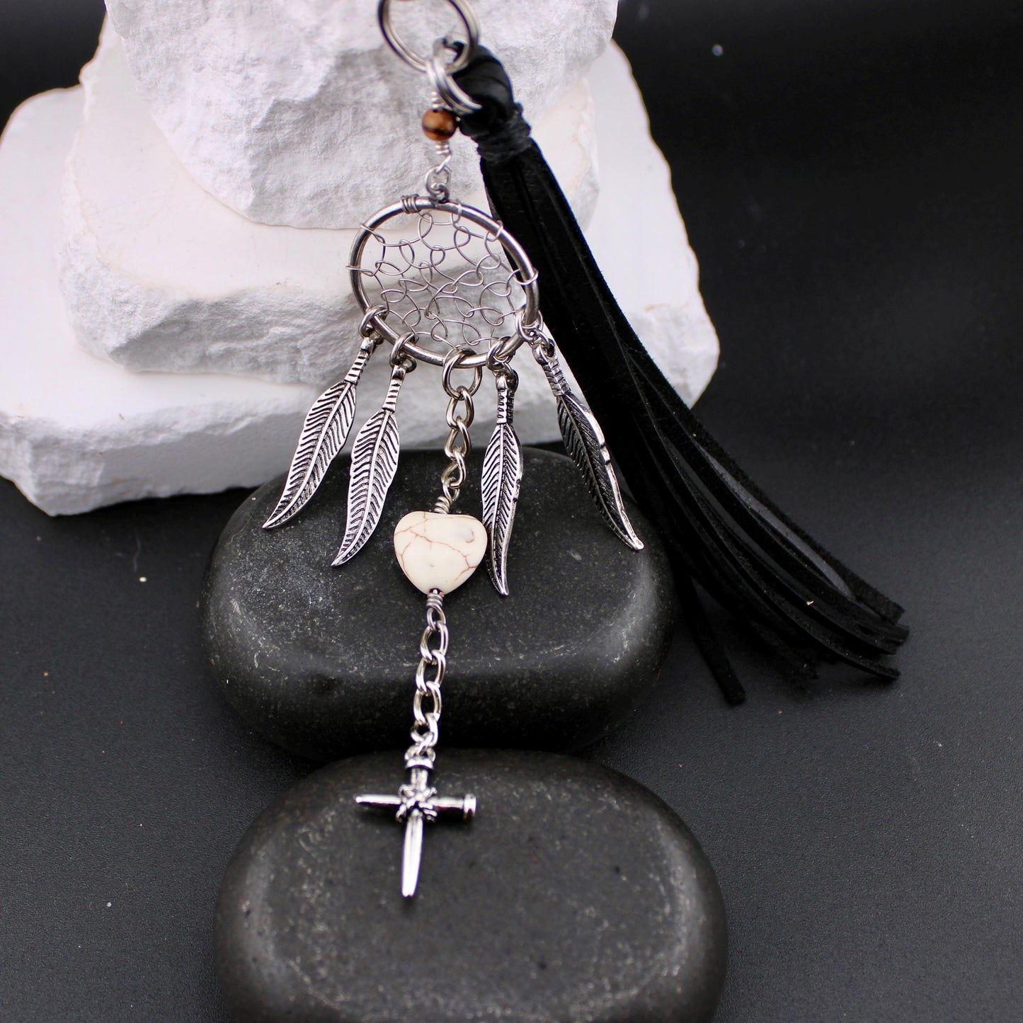 Dream Catcher White Turquoise Leather Purse Tassel, Feather & Cross Charm, Western Accessory, Leather Beaded Handbag Charm Tassel