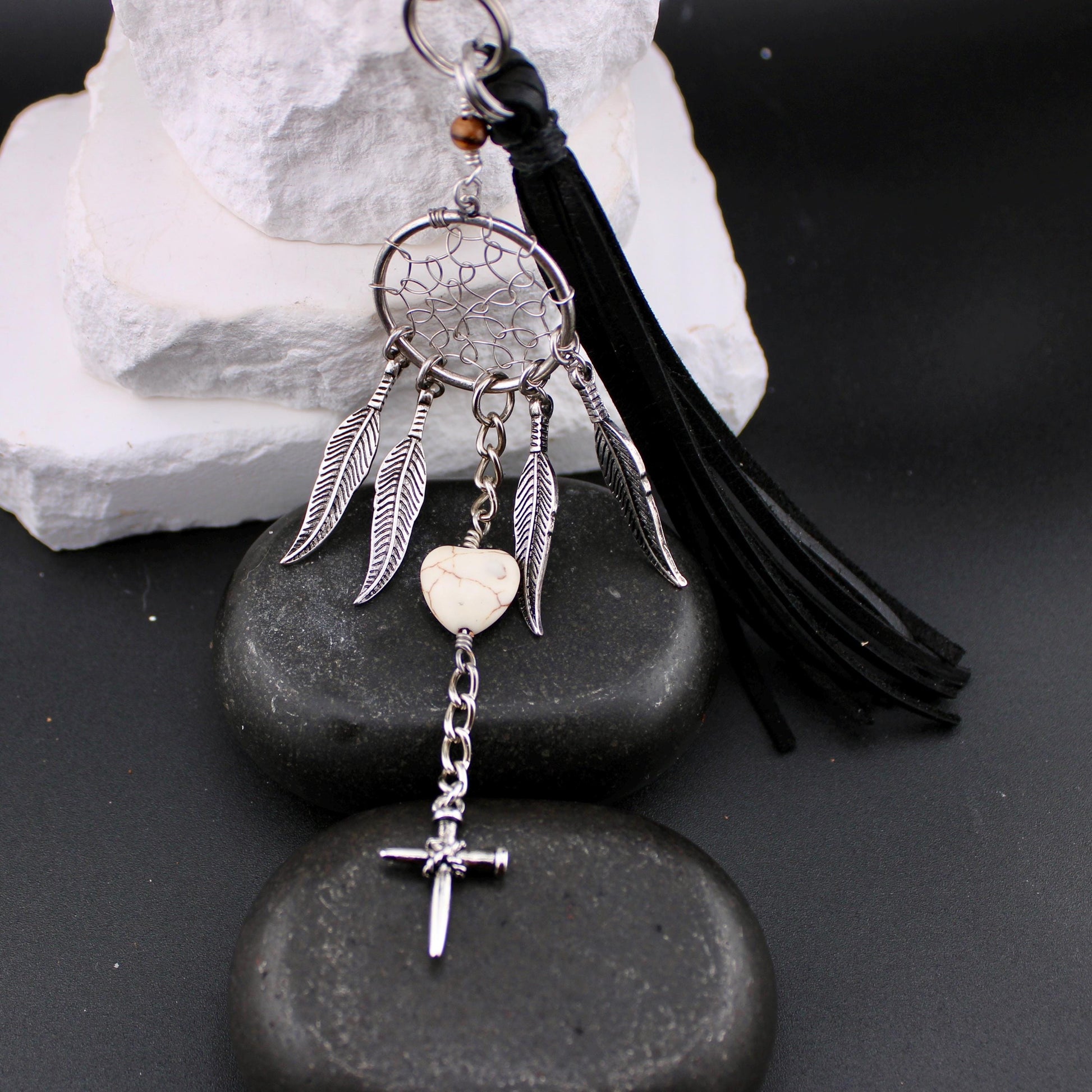 Dream Catcher White Turquoise Leather Purse Tassel, Feather & Cross Charm, Western Accessory, Leather Beaded Handbag Charm Tassel