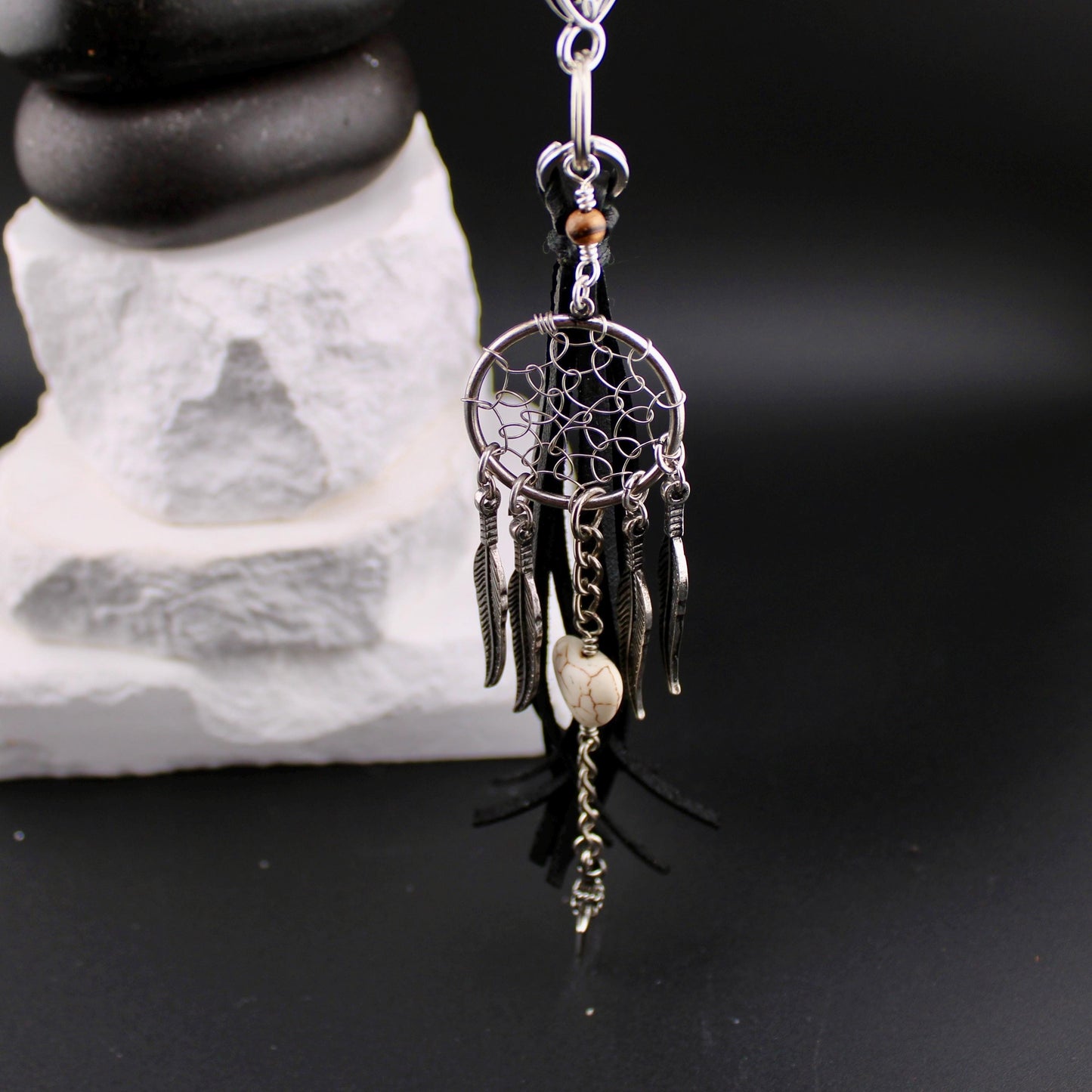 Dream Catcher White Turquoise Leather Purse Tassel, Feather & Cross Charm, Western Accessory, Leather Beaded Handbag Charm Tassel