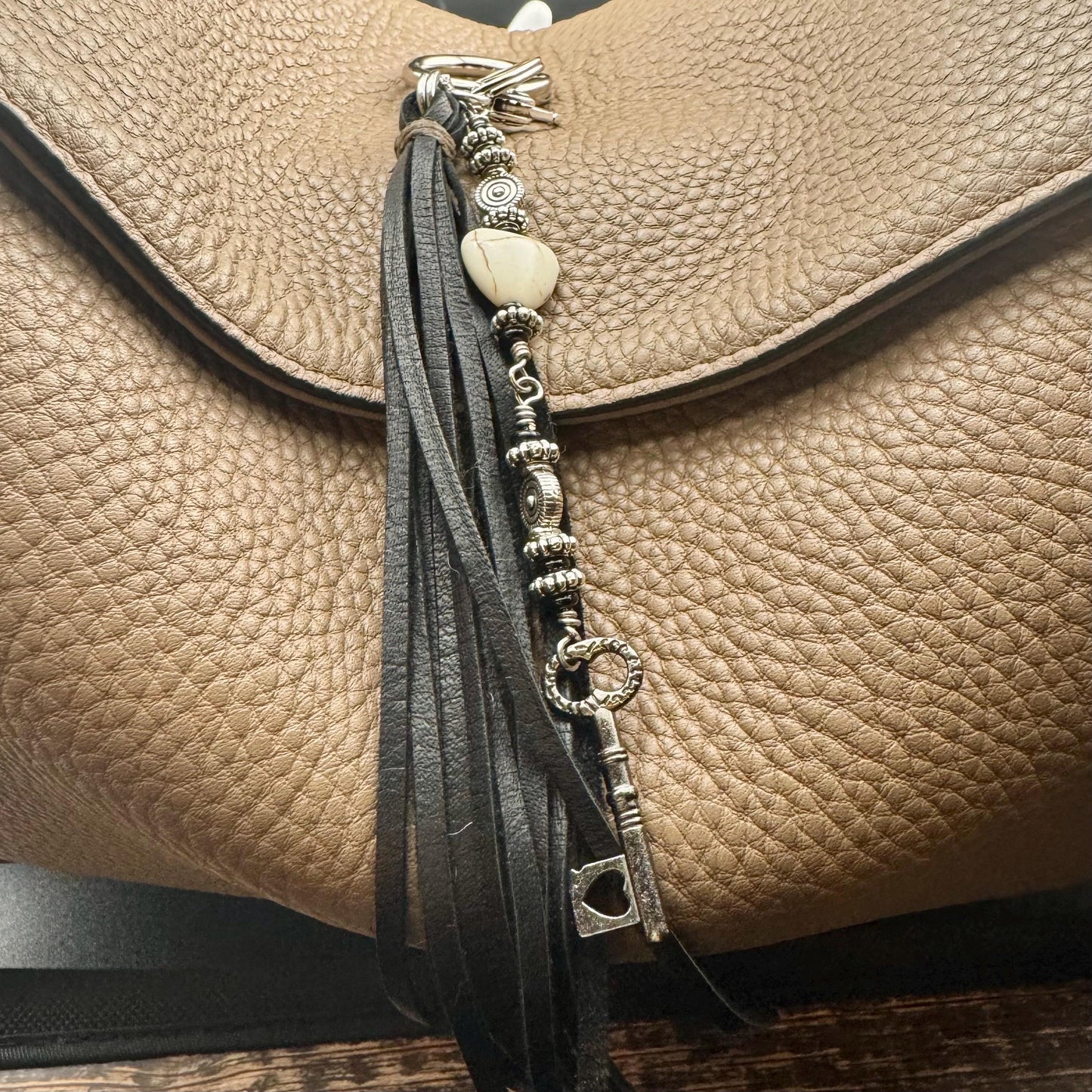 Key Charm Leather Purse Tassel with White Turquoise & Black Onyx, Whimsical Handbag Accessory, Western Accessory