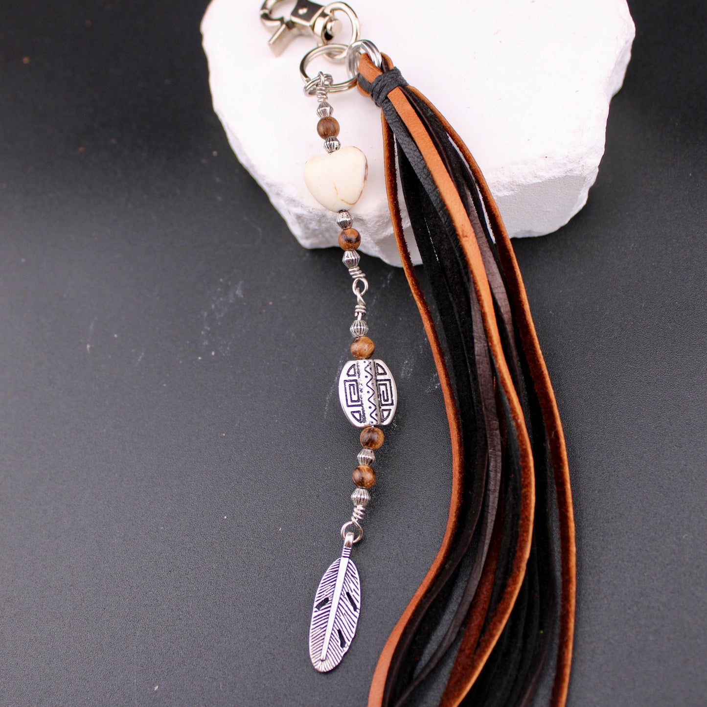Tribal Oval Charm, White Turquoise Magnesite Heart Leather Purse Tassel, Southwest Purse Tassel, Heart Keychain, Leather Handbag Accessory