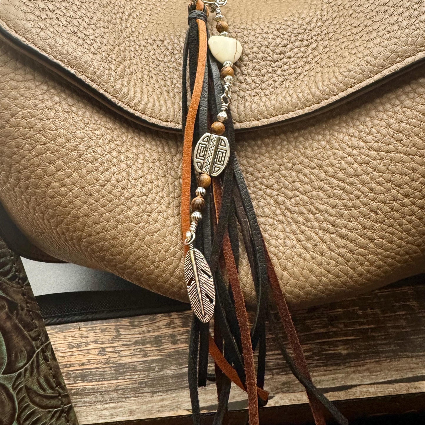 Tribal Oval Charm, White Turquoise Magnesite Heart Leather Purse Tassel, Southwest Purse Tassel, Heart Keychain, Leather Handbag Accessory