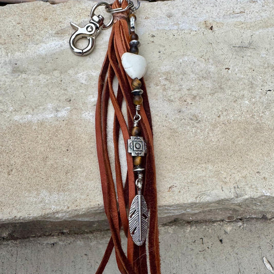 Tribal Cross Charm, White Turquoise Magnesite Heart Leather Purse Tassel, Southwest Purse Tassel, Heart Keychain, Leather Handbag Accessory