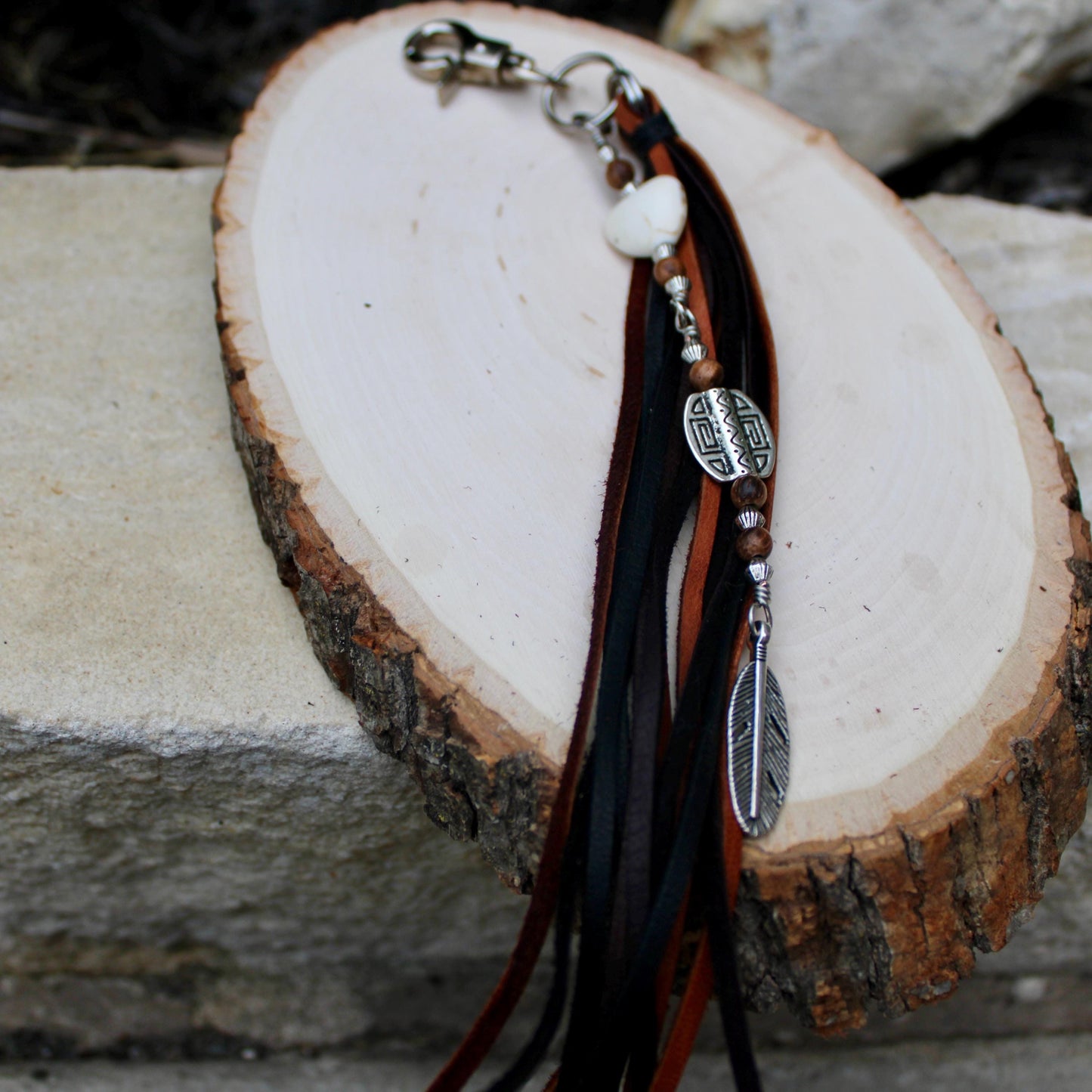 Tribal Sun Charm, White Turquoise Magnesite Heart Leather Purse Tassel, Southwestern Tassel, Heart Keychain, Leather Handbag Accessory