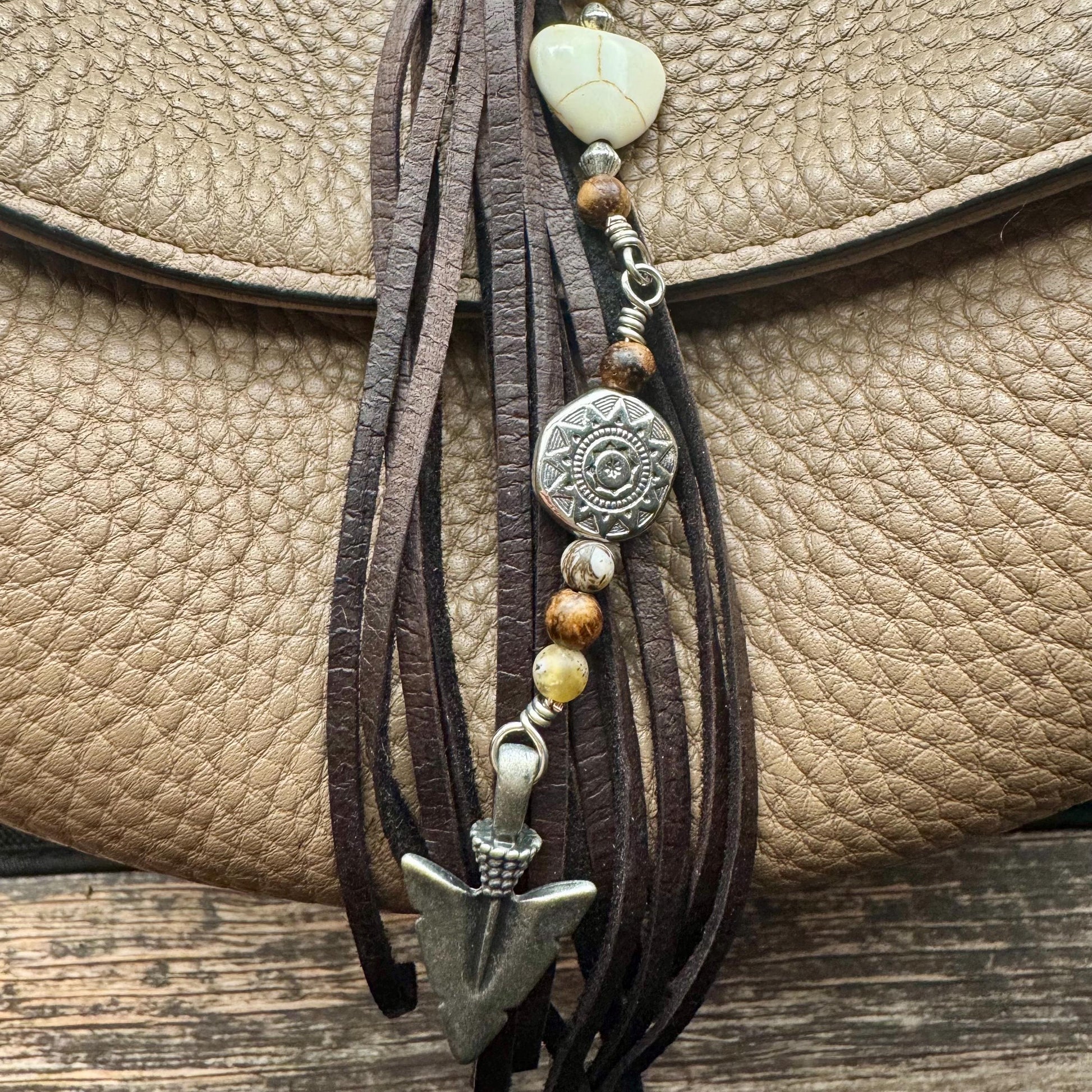 Tribal Sun Charm, White Turquoise Magnesite Heart Leather Purse Tassel, Southwestern Tassel, Heart Keychain, Leather Handbag Accessory