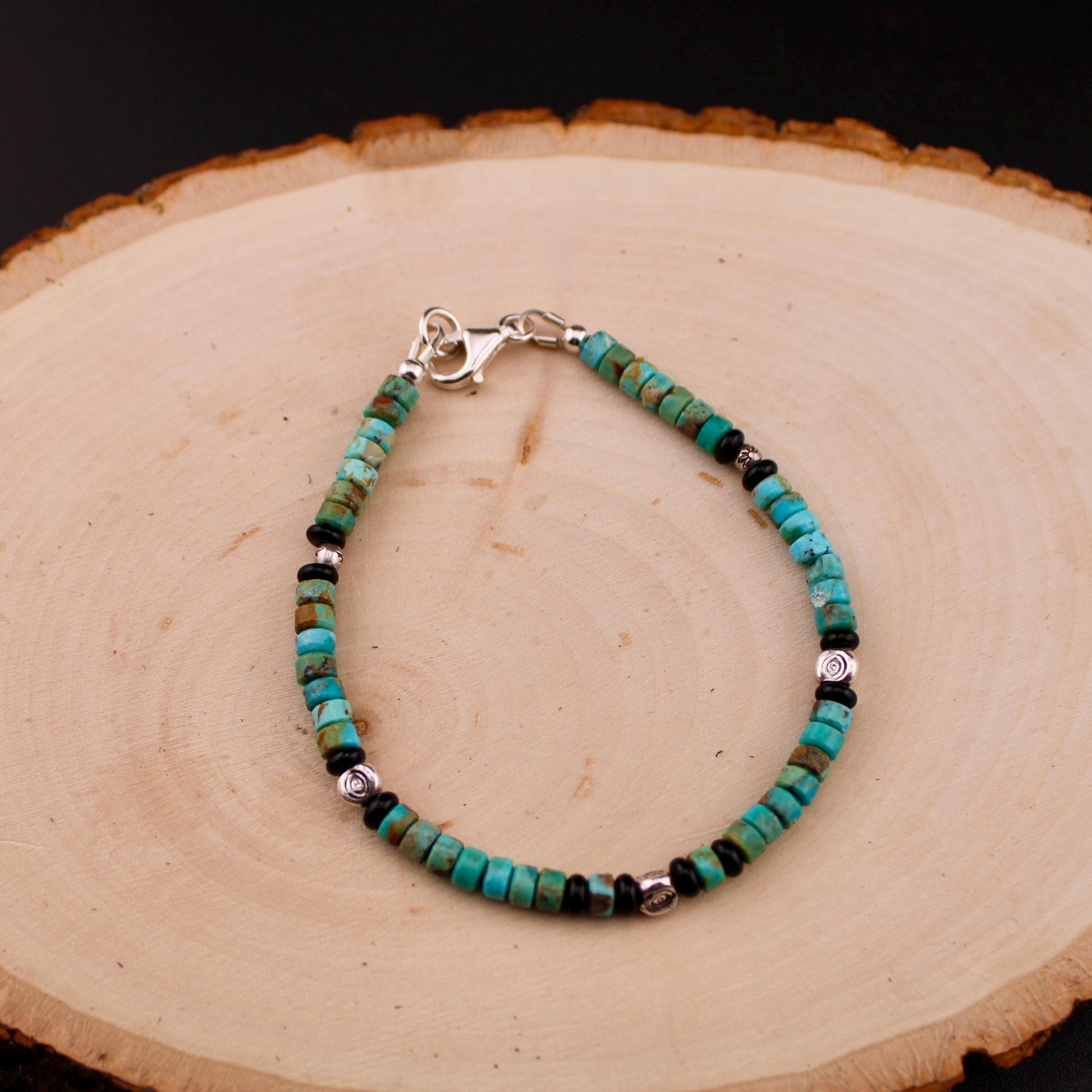 Turquoise and Black Onyx Sterling Silver Bracelet, Evil Eye Beaded Bracelet, Sterling Jewelry, Gemstone Bracelet, Turquoise Jewelry