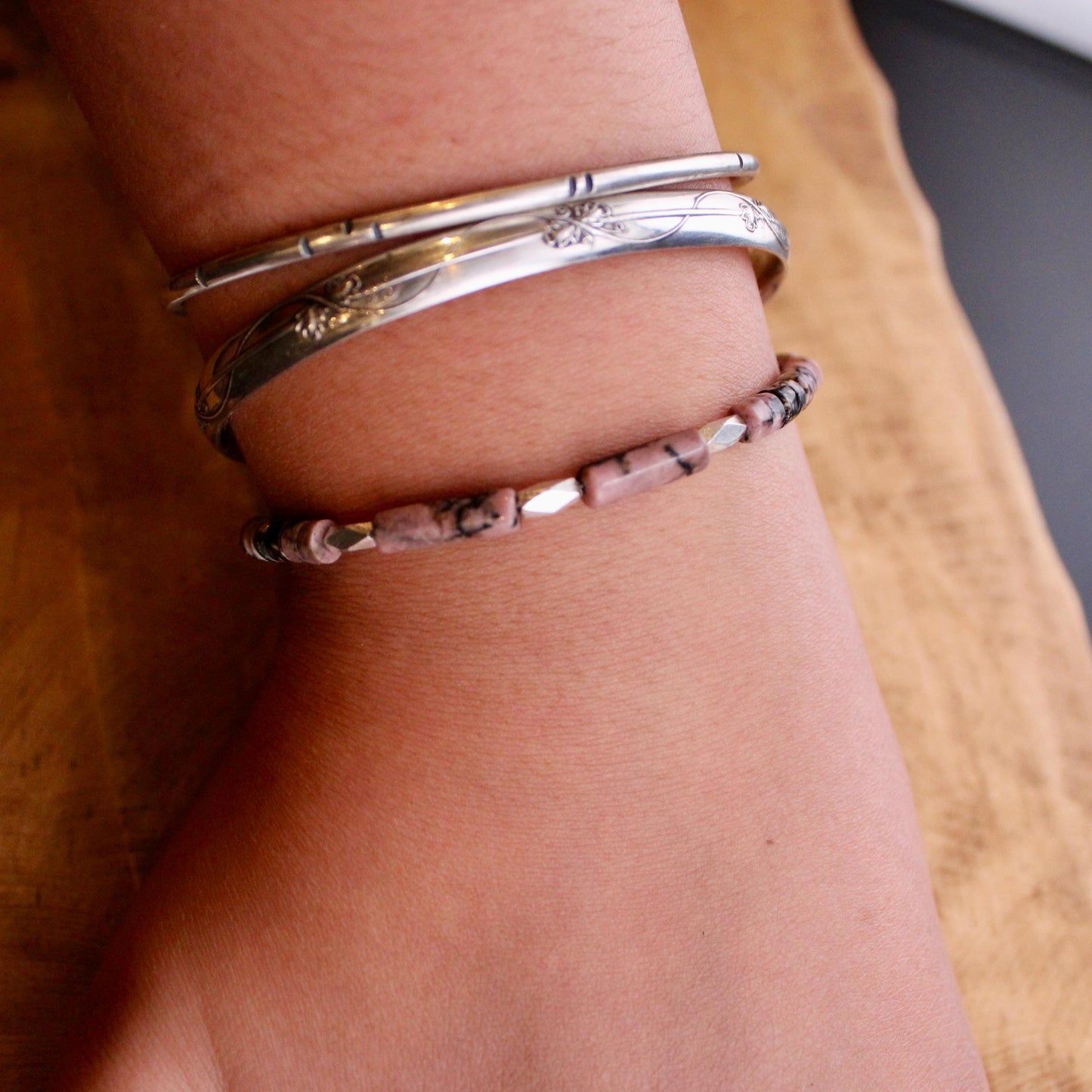 Black Pink Rhodonite and Sterling Silver Bracelet, Gemstone Beaded Bracelet, Handmade Jewelry, Unique Gemstone Bracelet