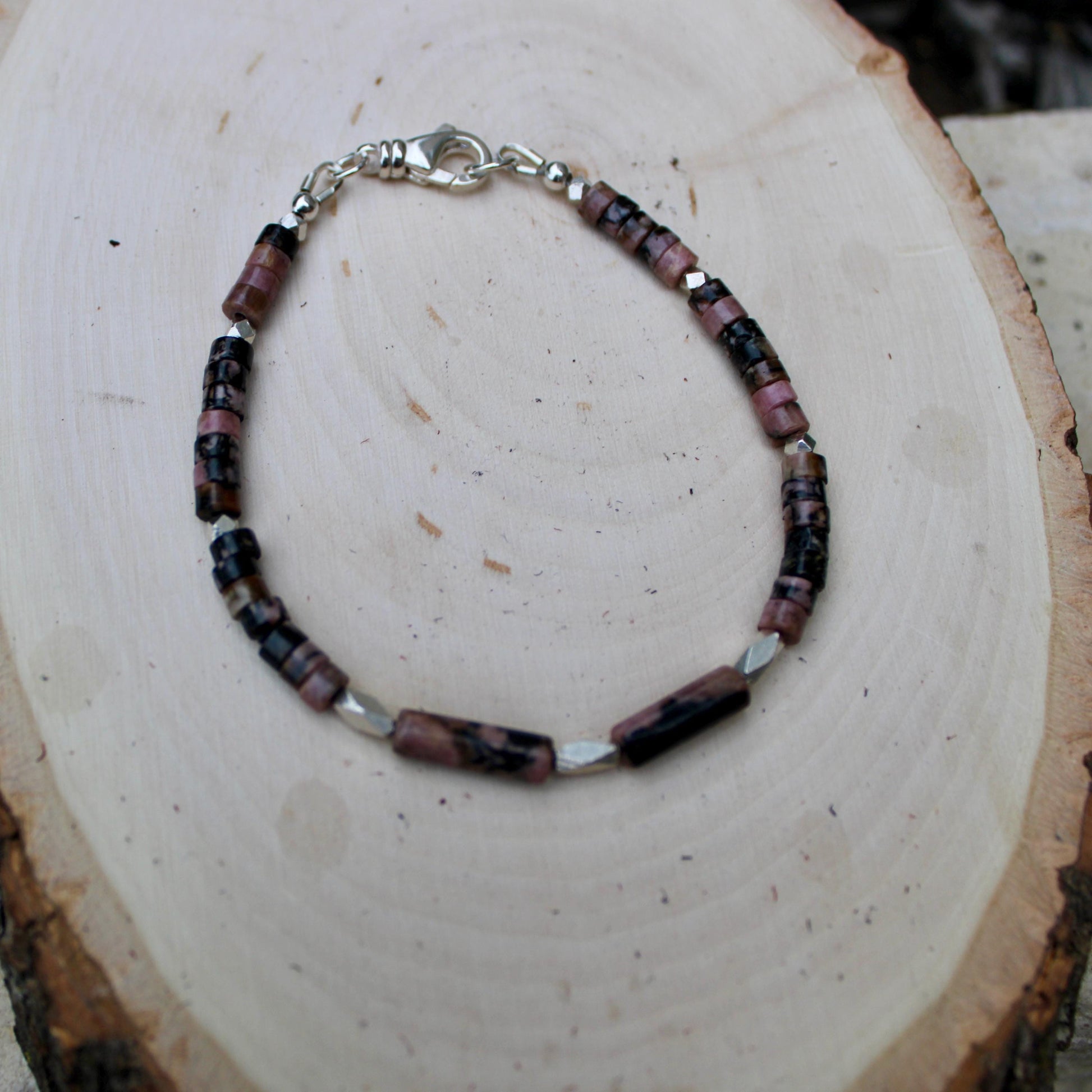 Black Pink Rhodonite and Sterling Silver Bracelet, Gemstone Beaded Bracelet, Handmade Jewelry, Unique Gemstone Bracelet
