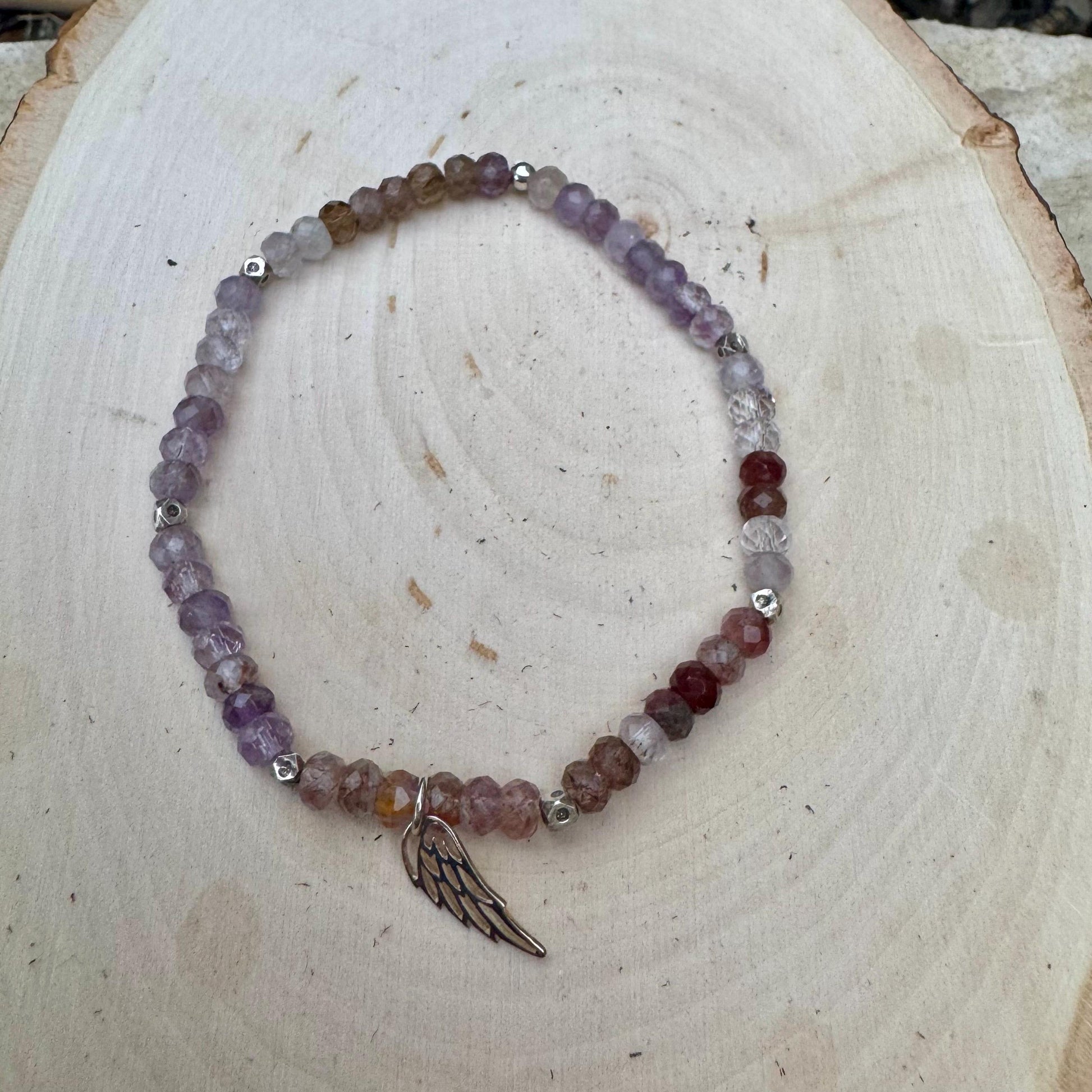 Stretch Auralite 23 Bracelet with Angel Wing Sterling Silver Charm, Cacoxenite Gemstone Bracelet, Rare Beaded Gemstone Bracelet Jewelry