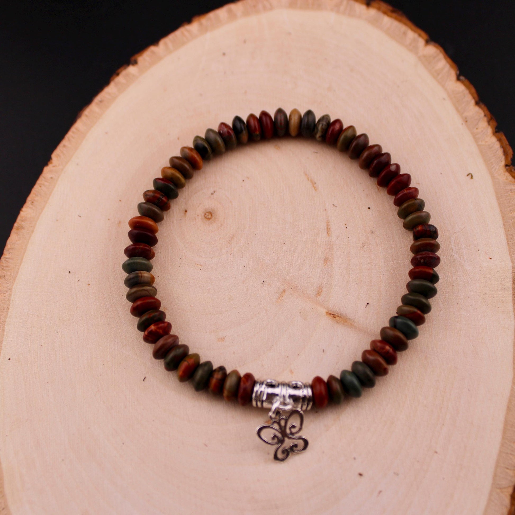 Stretch Picasso Red Creek Jasper Bracelet with Sterling Silver Butterfly Charm, Stretch Bracelet, Natural Gemstone Jewelry, Handmade Gift