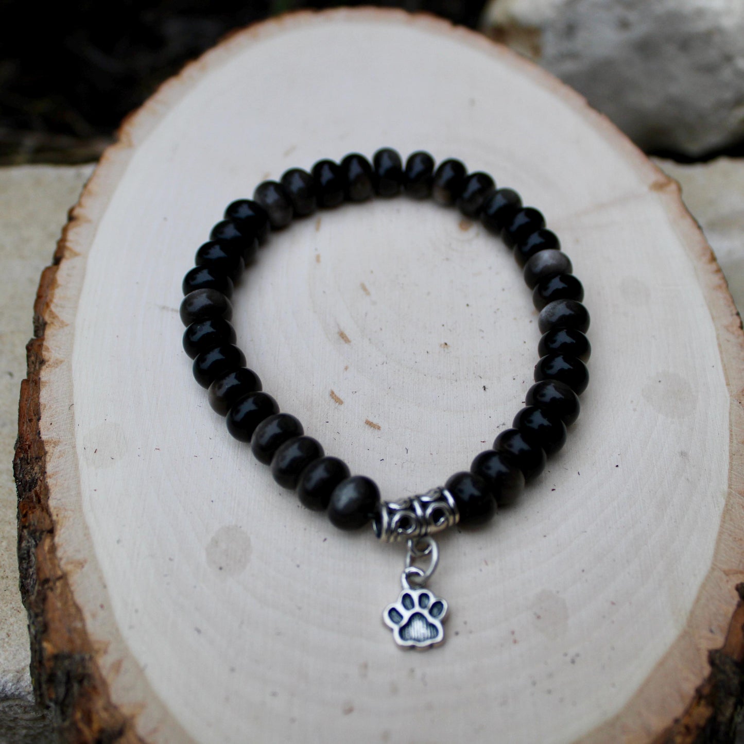 Stretch Obsidian Gemstone Bracelet with Sterling Silver Paw Print Charm, Stretch Bracelet, Pet Lover's Jewelry, Handmade Gift